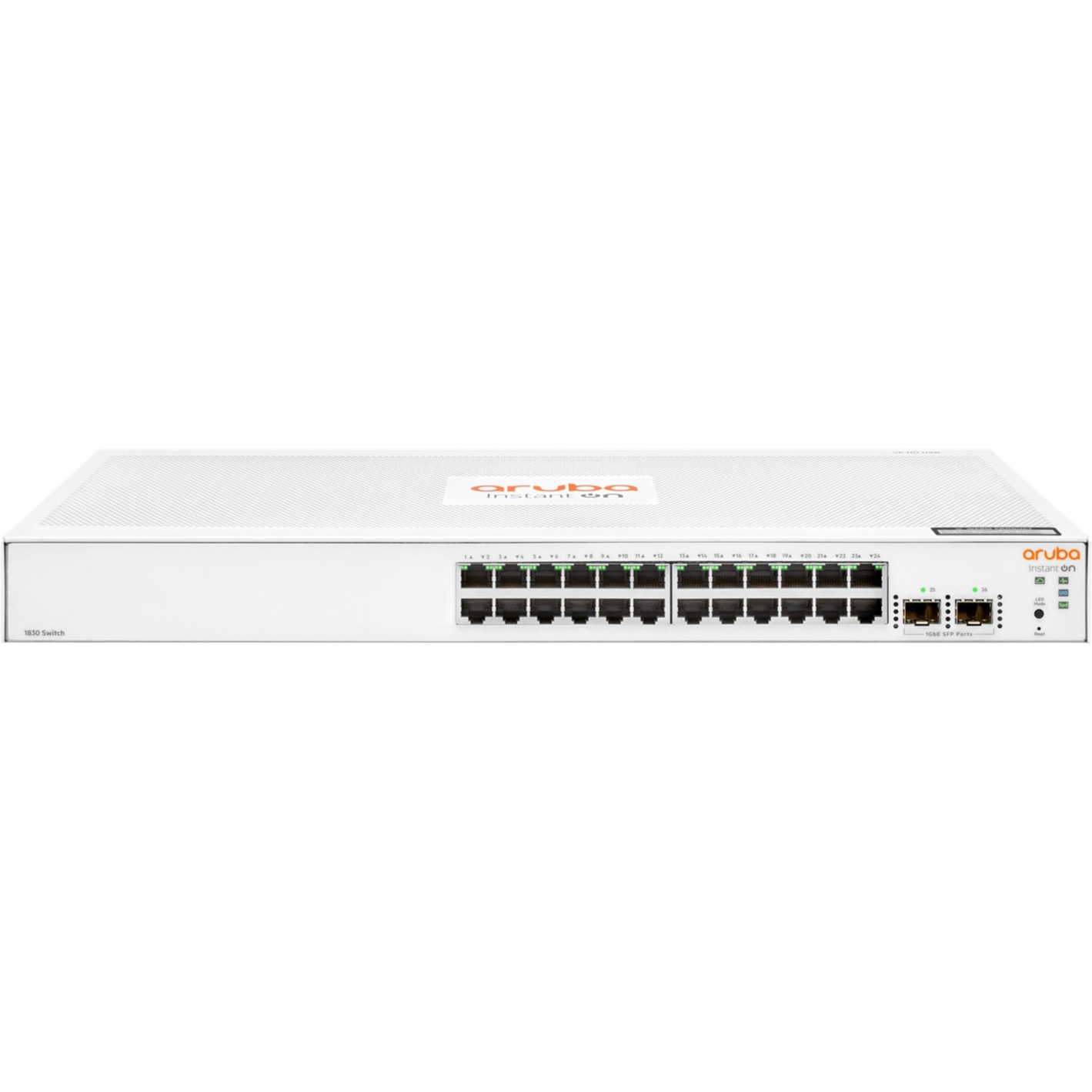 HPE Instant On 1830 24G 2SFP Switch - 24 Ports - Manageable - Gigabit Ethernet - 10/100/1000Base-T, 100/1000Base-X - 2 Layer Supported - Modular - 2 SFP Slots - 7.80 W Power Consumption - Twisted Pair, Optical Fiber - Rack-mountable, Cabinet Mount, Table Top, Wall Mountable, Under Table, Desktop