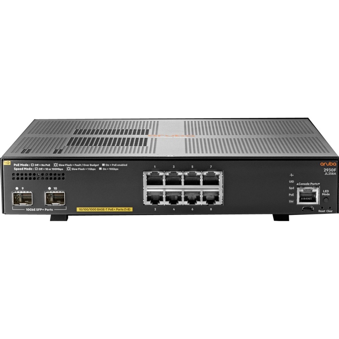 HPE 2930F 8G PoE+ 2SFP+ Switch - 8 Ports - Manageable - Gigabit Ethernet, 10 Gigabit Ethernet - 10/100/1000Base-T, 10GBase-X - 3 Layer Supported - Modular - 155 W Power Consumption - 125 W PoE Budget - Optical Fiber, Twisted Pair - PoE Ports - Rack-mountable