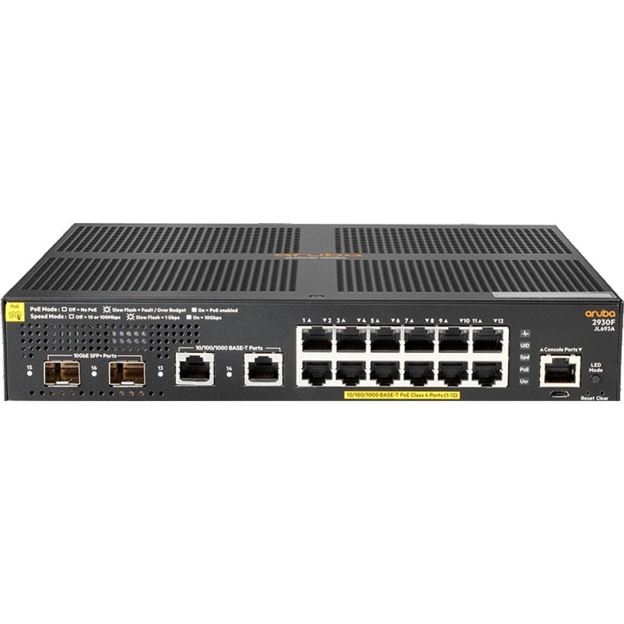 HPE 2930F 12G PoE+ 2G/2SFP+ Switch - 12 Ports - Manageable - Gigabit Ethernet, 10 Gigabit Ethernet - 10/100/1000Base-T, 10GBase-X - 3 Layer Supported - Modular - 170 W Power Consumption - Twisted Pair, Optical Fiber - Rack-mountable
