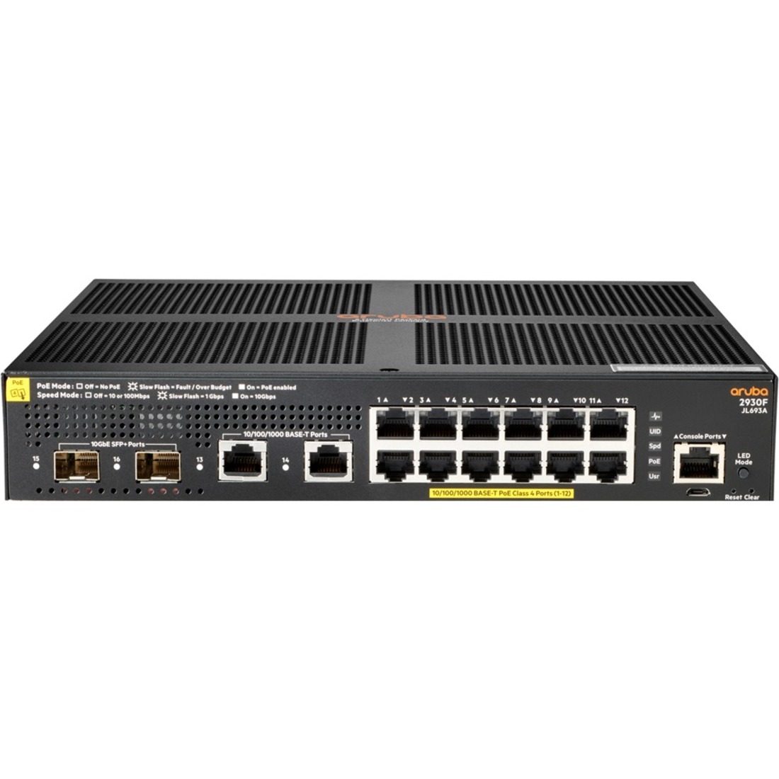 HPE 2930F 12G PoE+ 2G/2SFP+ Switch - 14 Ports - Manageable - Gigabit Ethernet, 10 Gigabit Ethernet - 10/100/1000Base-T, 10GBase-X - 3 Layer Supported - Modular - 170 W Power Consumption - 139 W PoE Budget - Optical Fiber, Twisted Pair - PoE Ports - 1U - Rack-mountable - TAA Compliant