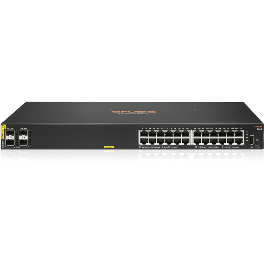HPE 6000 24G Class4 PoE 4SFP 370W Switch - 24 Ports - Manageable - Gigabit Ethernet - 10/100/1000Base-T, 1000Base-X - 3 Layer Supported - Modular - 2 SFP Slots - 32.70 W Power Consumption - 370 W PoE Budget - Twisted Pair, Optical Fiber - PoE Ports - 1U - Rack-mountable, Cabinet Mount, Surface Mount, Wall Mountable