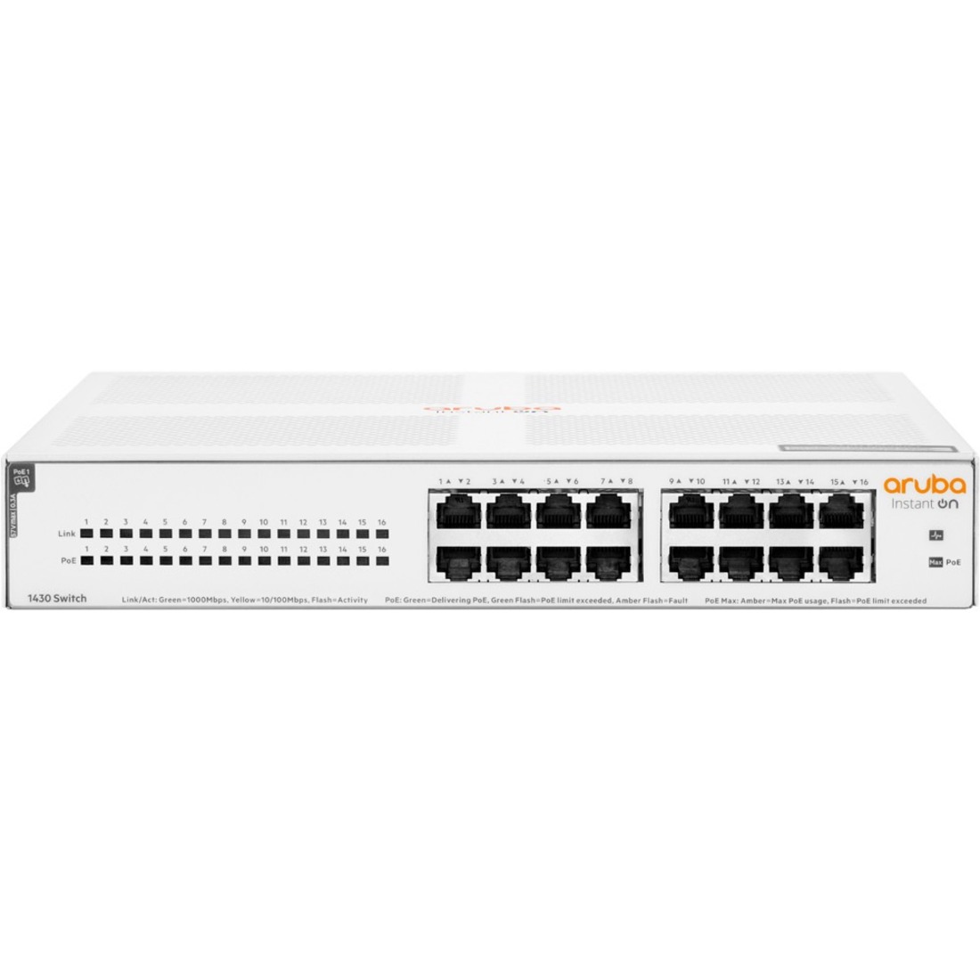 HPE Instant On 1430 16G Class4 PoE 124W Switch - 16 Ports - Gigabit Ethernet - 10/100/1000Base-T - 2 Layer Supported - 147 W Power Consumption - 124 W PoE Budget - Twisted Pair - PoE Ports - 1U - Rack-mountable, Cabinet Mount, Table Top, Wall Mountable, Surface Mount, Under Table - Lifetime Limited Warranty