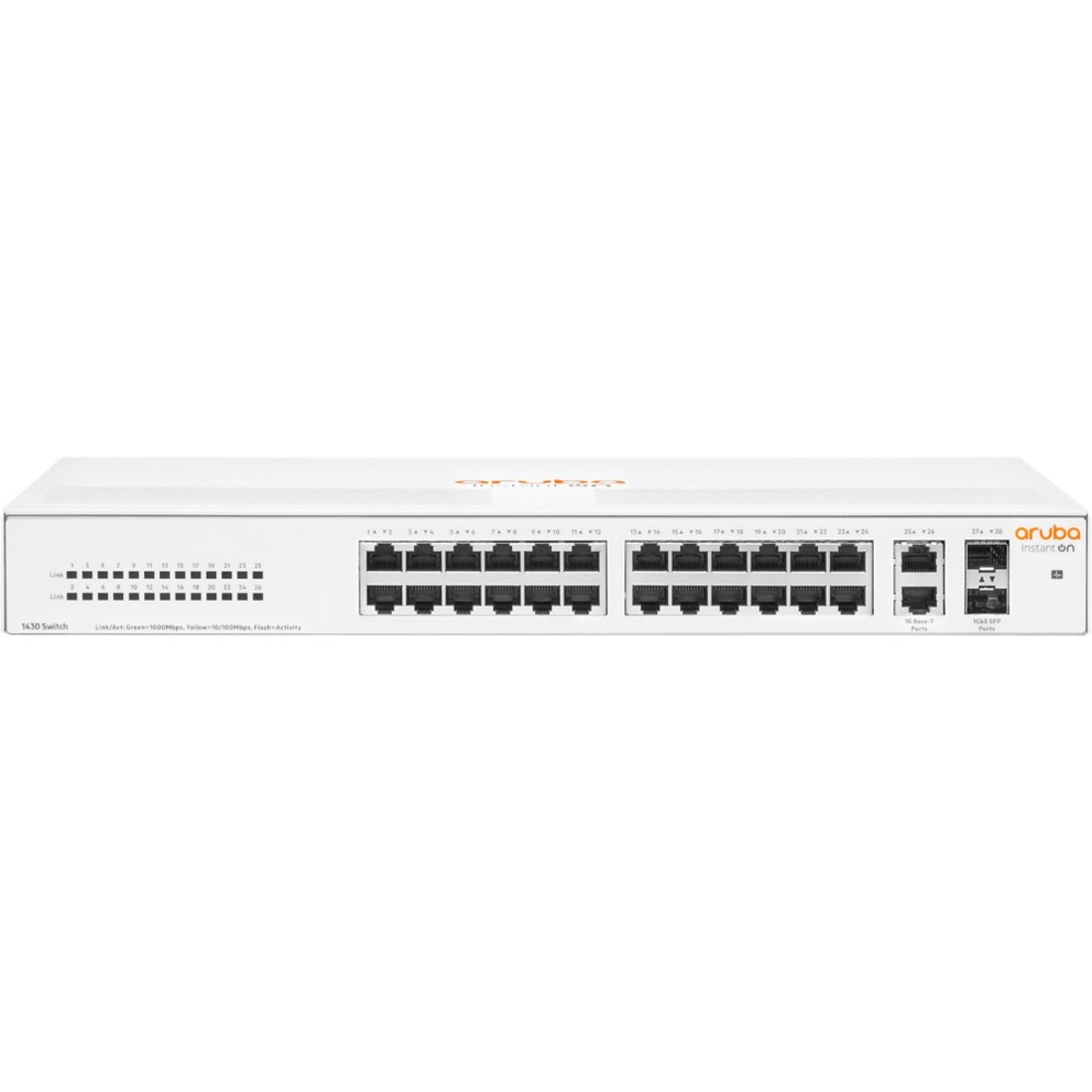 HPE Instant On 1430 26G 2SFP Switch - 26 Ports - Gigabit Ethernet - 10/100/1000Base-T, 1000Base-X - 2 Layer Supported - Modular - 2 SFP Slots - 16.40 W Power Consumption - Twisted Pair, Optical Fiber - Rack-mountable, Cabinet Mount, Table Top, Wall Mountable, Surface Mount, Under Table - Lifetime Limited Warranty