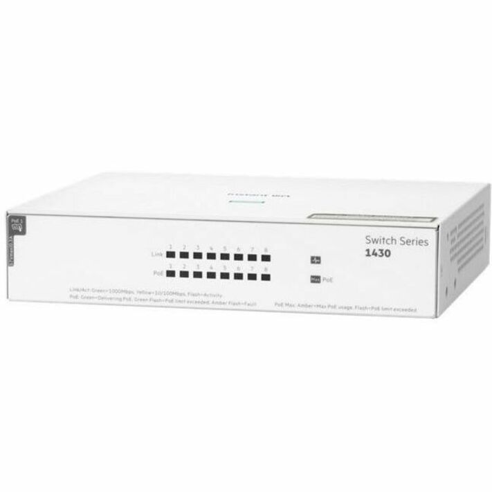 HPE Networking Instant On Switch 8p Gigabit CL4 PoE 64W 1430 - 8 Ports - Gigabit Ethernet - 10/100/1000Base-T - 2 Layer Supported - 64 W PoE Budget - Twisted Pair - PoE Ports - Table Top, Wall Mountable, Surface Mount, Under Table