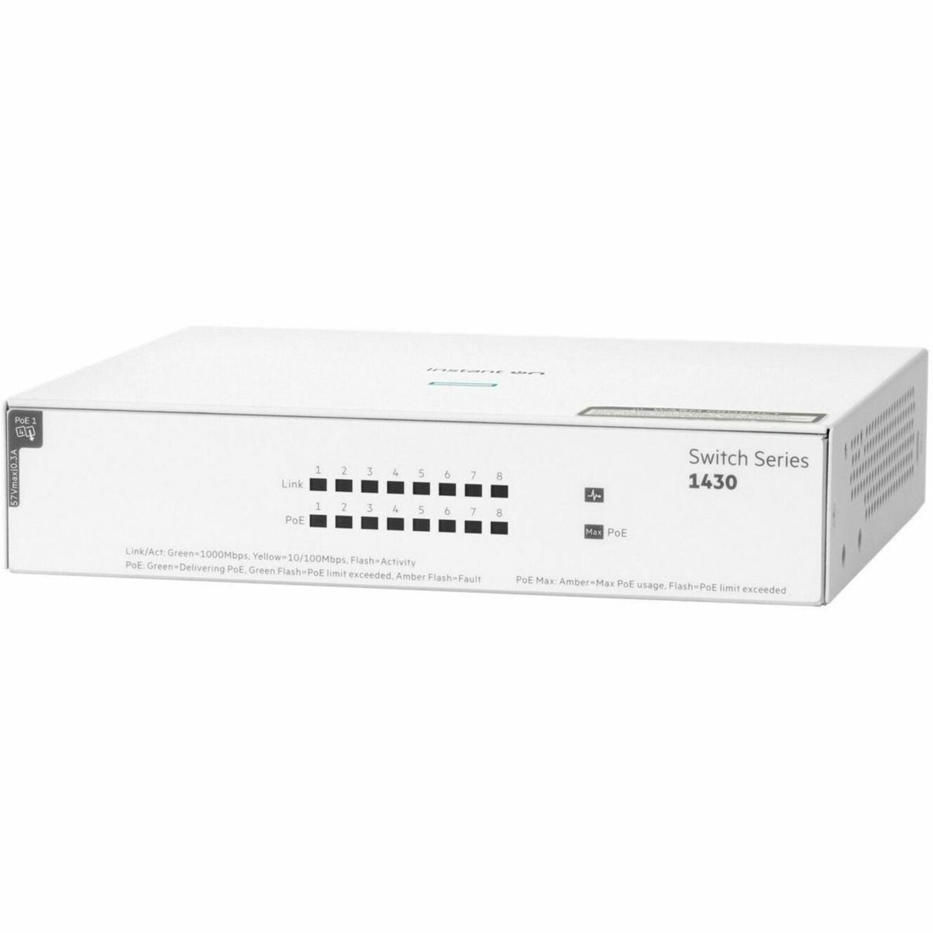 HPE Instant On 1430 8G Class4 PoE 64W Switch - 8 Ports - Gigabit Ethernet - 10/100/1000Base-T - 2 Layer Supported - 90 W Power Consumption - 64 W PoE Budget - Twisted Pair - PoE Ports - Table Top, Wall Mountable, Surface Mount, Under Table, Cabinet Mount, Rack-mountable - Lifetime Limited Warranty