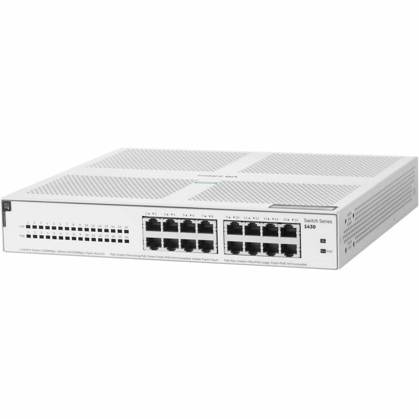 HPE Networking Instant On Switch 16p Gigabit CL4 PoE 124W 1430 - 14 Ports - Gigabit Ethernet - 10/100/1000Base-T - 2 Layer Supported - 124 W PoE Budget - Twisted Pair - PoE Ports - Table Top, Wall Mountable, Surface Mount, Under Table