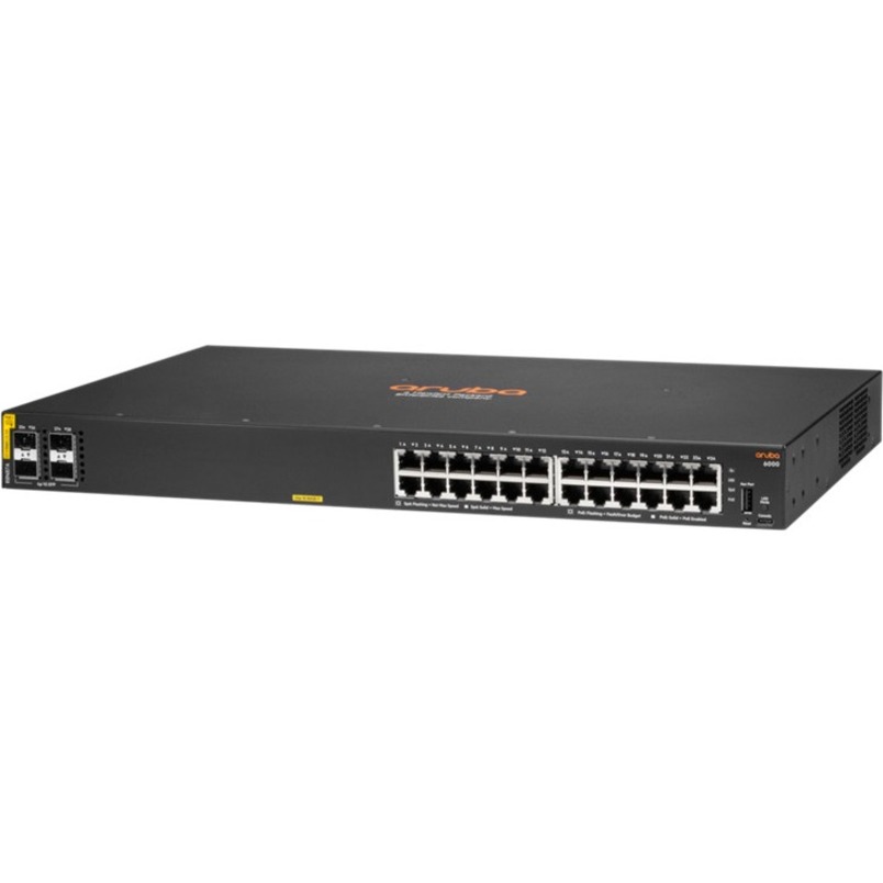 HPE 6000 24G Class4 PoE 4SFP 370W Switch - 24 Ports - Manageable - Gigabit Ethernet - 10/100/1000Base-T, 1000Base-X - 3 Layer Supported - Modular - 2 SFP Slots - 32.70 W Power Consumption - 370 W PoE Budget - Twisted Pair, Optical Fiber - PoE Ports - 1U - Rack-mountable, Cabinet Mount, Surface Mount, Wall Mountable