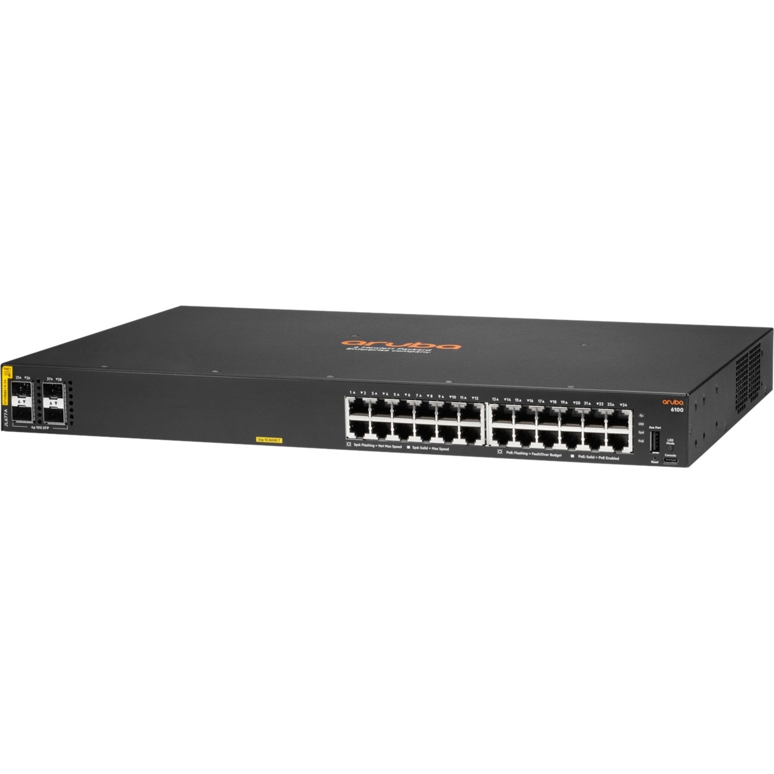 HPE 6100 24G Class4 PoE 4SFP+ 370W Switch - 24 Ports - 3 Layer Supported - Modular - 32.70 W Power Consumption - 370 W PoE Budget - Twisted Pair, Optical Fiber - PoE Ports - 1U - Rack-mountable, Wall Mountable
