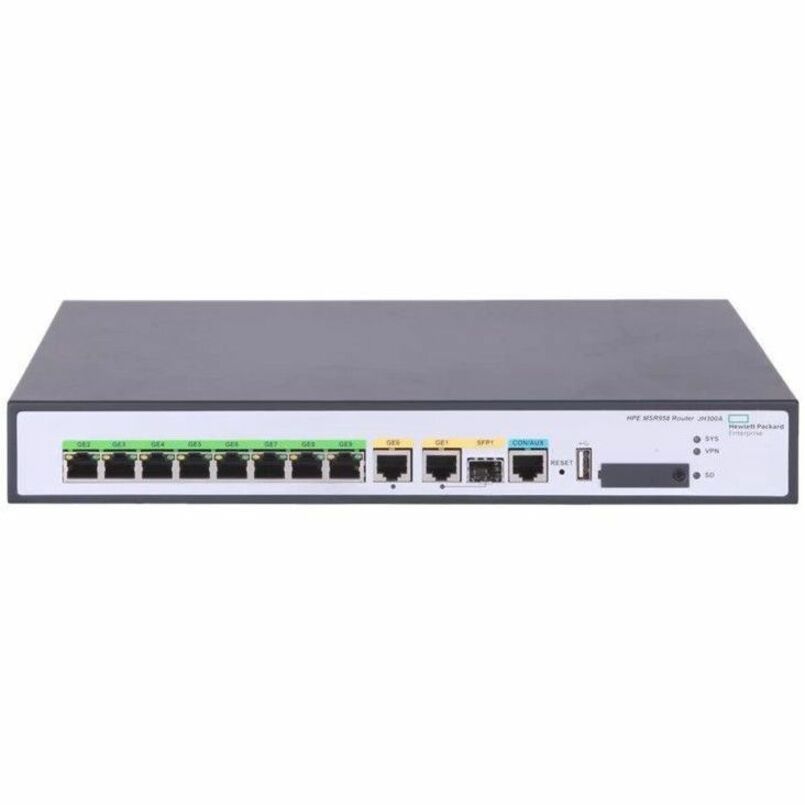 HPE FlexNetwork MSR958X 10GbE and Combo Router - 10 Ports - 8 RJ-45 Port(s) - 2 WAN Port(s) - Management Port - 4 SFP+ Slots, SFP (mini-GBIC) Slots - 2 GB - 10 Gigabit Ethernet - IEEE 802.1D, IEEE 802.1p, IEEE 802.1Q, IEEE 802.1s, IEEE 802.1w, IEEE 802.1x - Rack-mountable