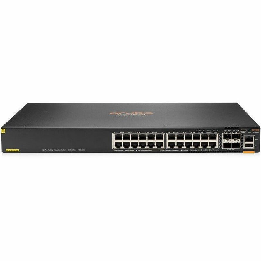 HPE CX 6200F 24G Class 4 PoE 4SFP+ 370W Switch - 24 Ports - Manageable - Gigabit Ethernet, 10 Gigabit Ethernet - 10/100/1000Base-T, 10GBase-X - 3 Layer Supported - Modular - 4 SFP Slots - 65 W Power Consumption - 370 W PoE Budget - Twisted Pair, Optical Fiber - 1U - Cabinet Mount, Rack-mountable, Surface Mount - Lifetime Limited Warranty