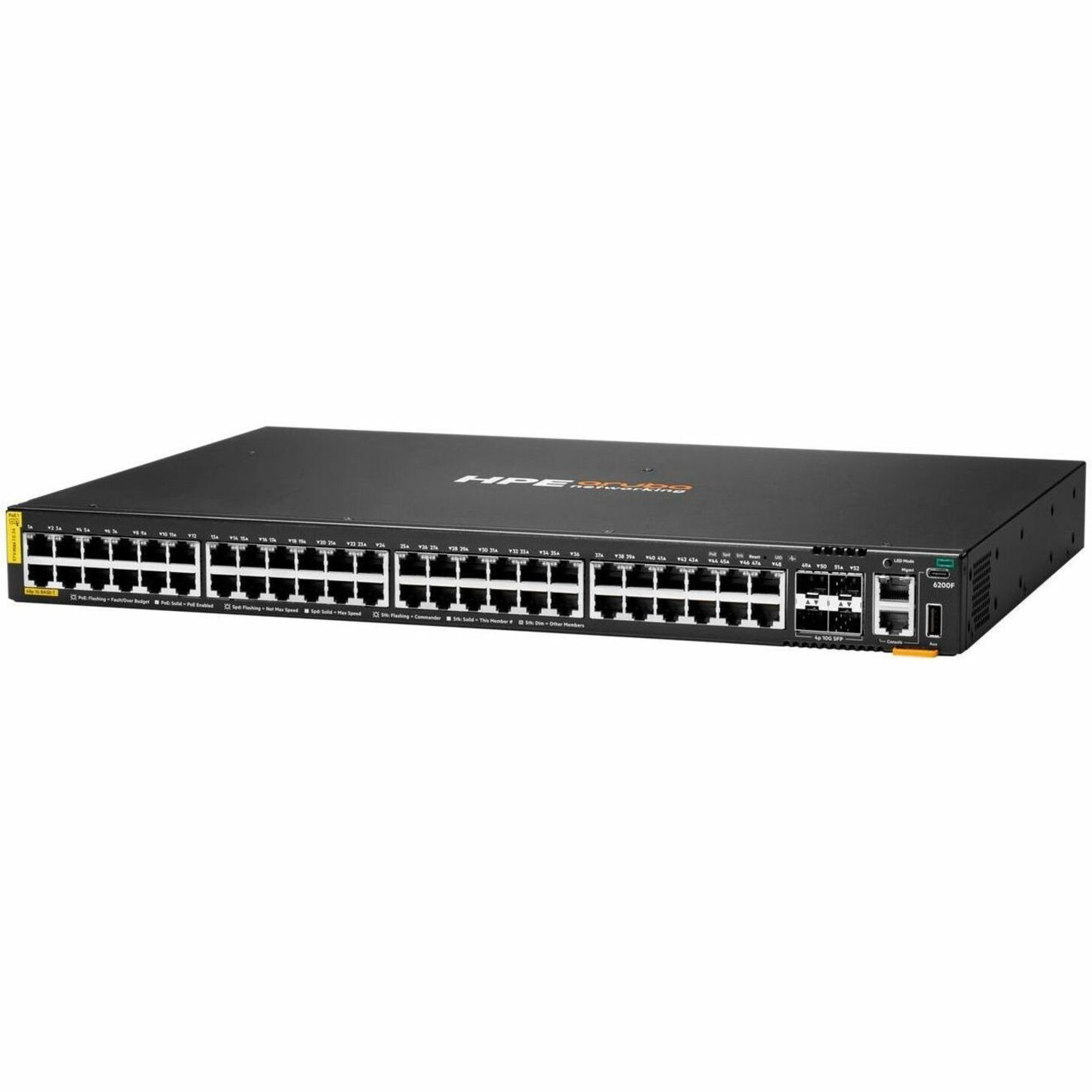 HPE CX 6200F 48G Class 4 PoE 4SFP+ 370W Switch - 48 Ports - Manageable - Gigabit Ethernet, 10 Gigabit Ethernet - 10/100/1000Base-T, 10GBase-X - 3 Layer Supported - Modular - 4 SFP Slots - 60 W Power Consumption - 370 W PoE Budget - Twisted Pair, Optical Fiber - PoE Ports - 1U - Rack-mountable, Surface Mount, Cabinet Mount