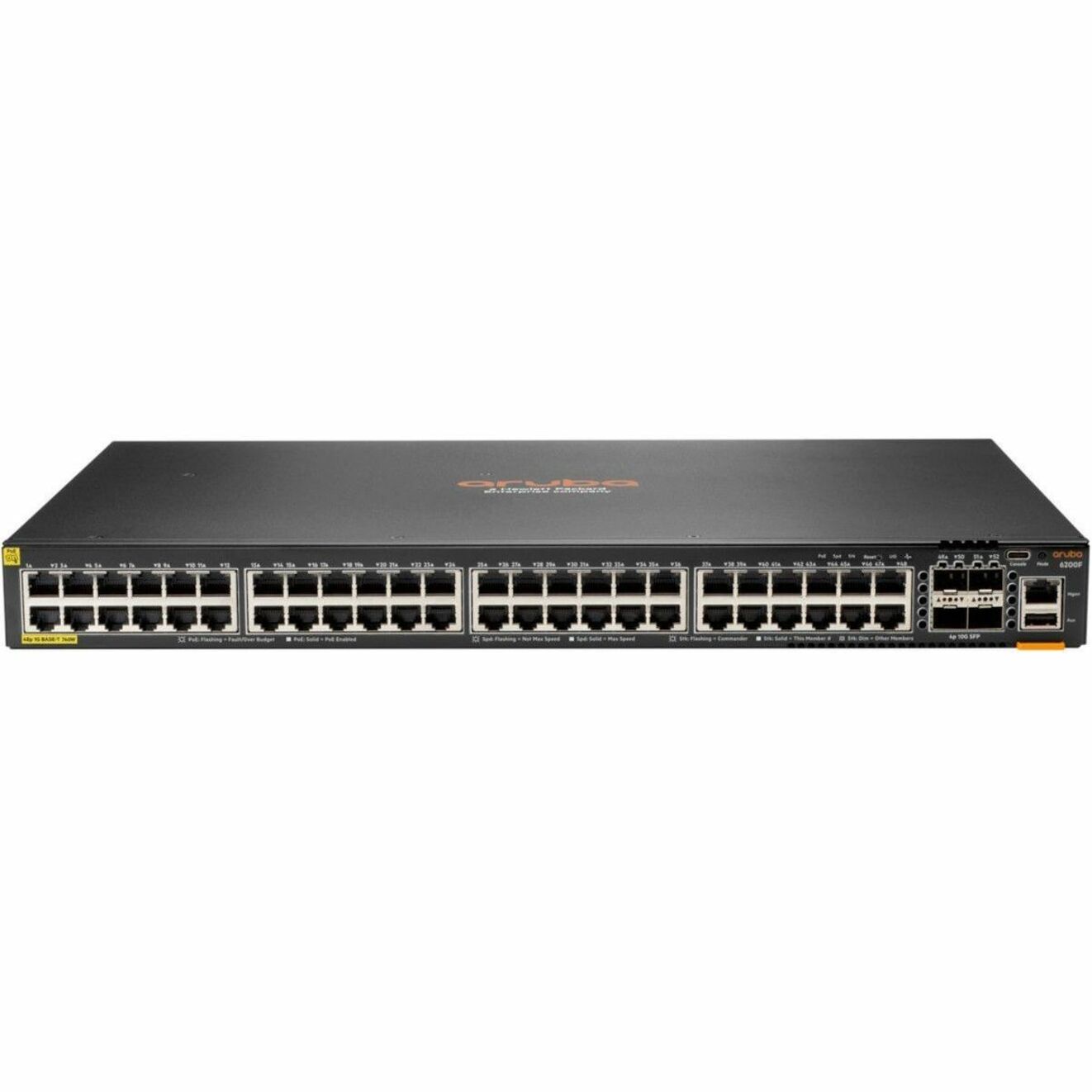 Aruba CX 6200F 48G Class 4 PoE 4SFP+ 740W Switch - 48.0 Ports - Manageable - Gigabit Ethernet, 10 Gigabit Ethernet - 10/100/1000Base-T, 10GBase-X - 3 Layer Supported - Modular - 4 SFP Slots - 76 W Power Consumption - 740 W PoE Budget - Twisted Pair, Optical Fiber - 1U - Rack-mountable, Surface Mount, Cabinet Mount