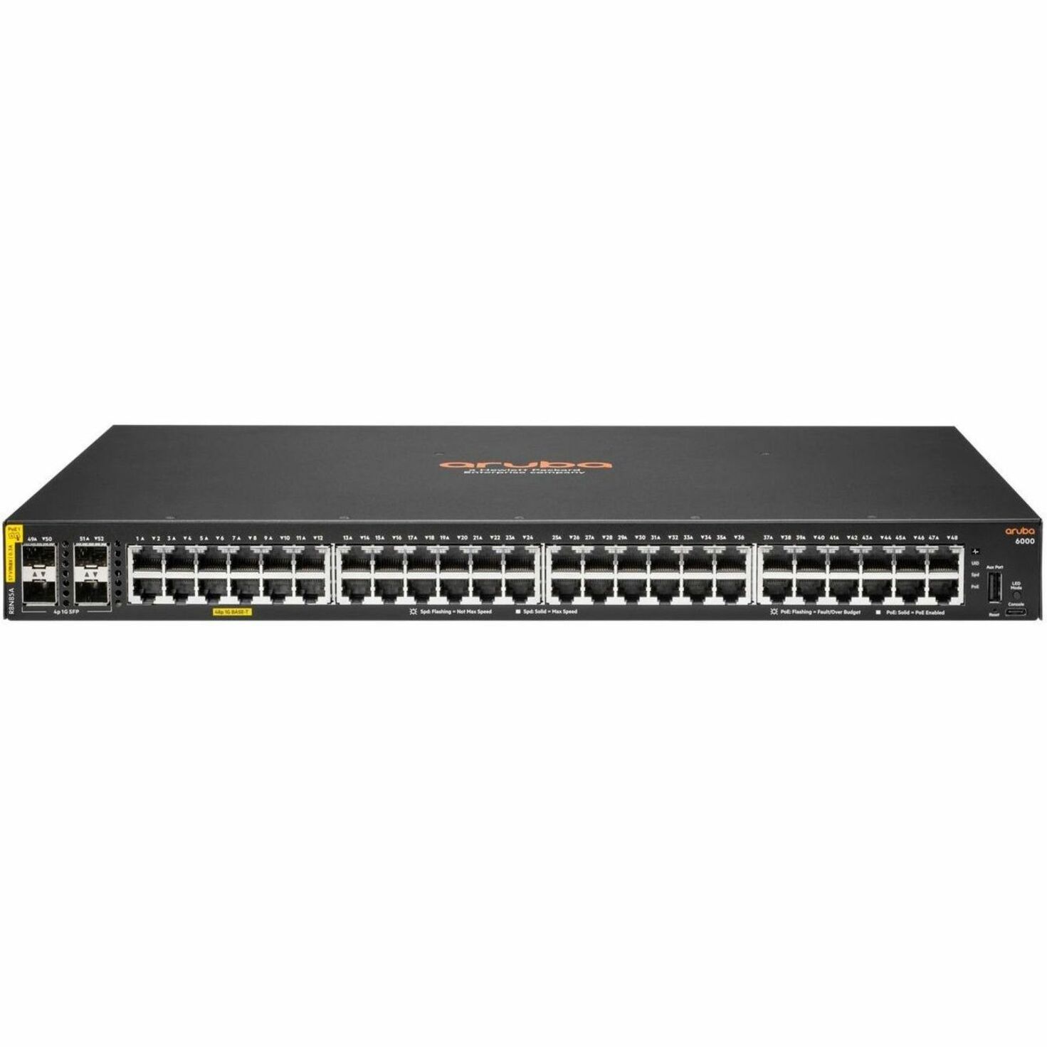 HPE 6000 48G Class4 PoE 4SFP 370W Switch - 48 Ports - Manageable - Gigabit Ethernet, 10 Gigabit Ethernet - 10/100/1000Base-T, 10GBase-X - 3 Layer Supported - Modular - 4 SFP Slots - 45 W Power Consumption - 370 W PoE Budget - Twisted Pair, Optical Fiber - PoE Ports - 1U - Rack-mountable, Cabinet Mount, Surface Mount, Wall Mountable - Lifetime Limited Warranty