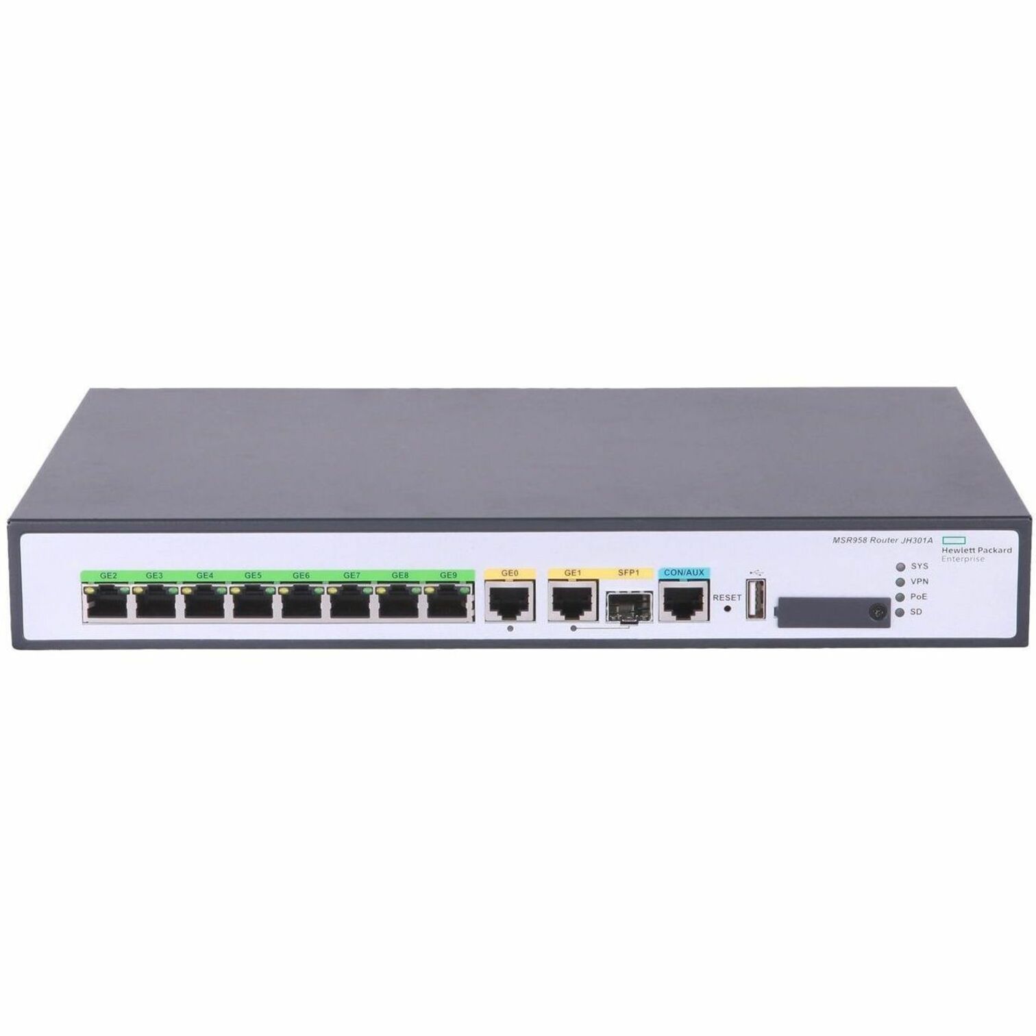 HPE Comware Router 1GbE and Combo 2GbE WAN 8GbE LAN PoE MSR958 - Refurbished - 9 Ports - 8 RJ-45 Port(s) - 1 WAN Port(s) - PoE Ports - Management Port - 1 SFP Slots - 1 GB - Gigabit Ethernet - 1U - Rack-mountable