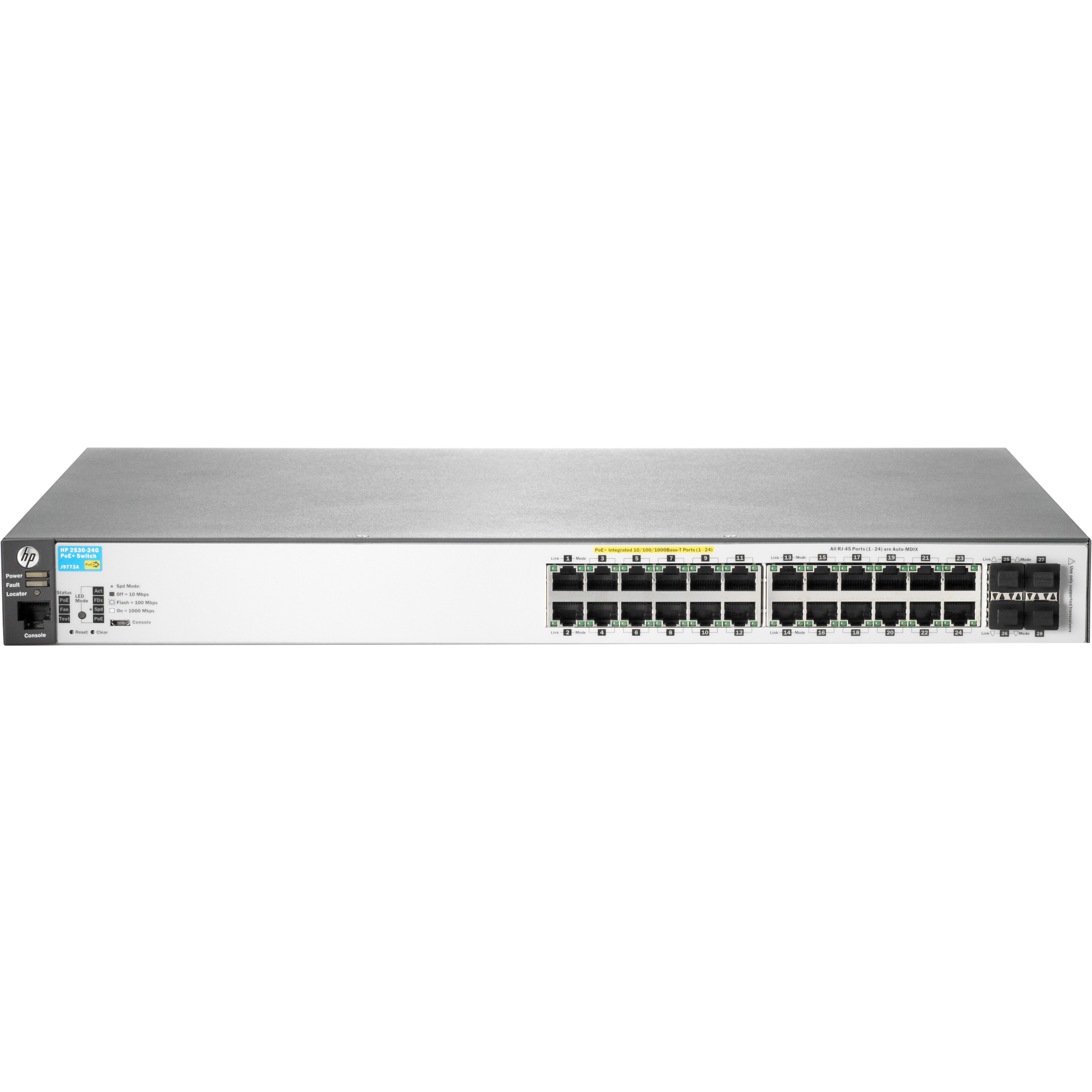 HPE 2530-24G-PoE+ Switch - 24 Ports - Manageable - Gigabit Ethernet - 10/100/1000Base-T - Refurbished - 2 Layer Supported - 4 SFP Slots - Twisted Pair - PoE Ports - 1U - Rack-mountable, Wall Mountable, Desktop