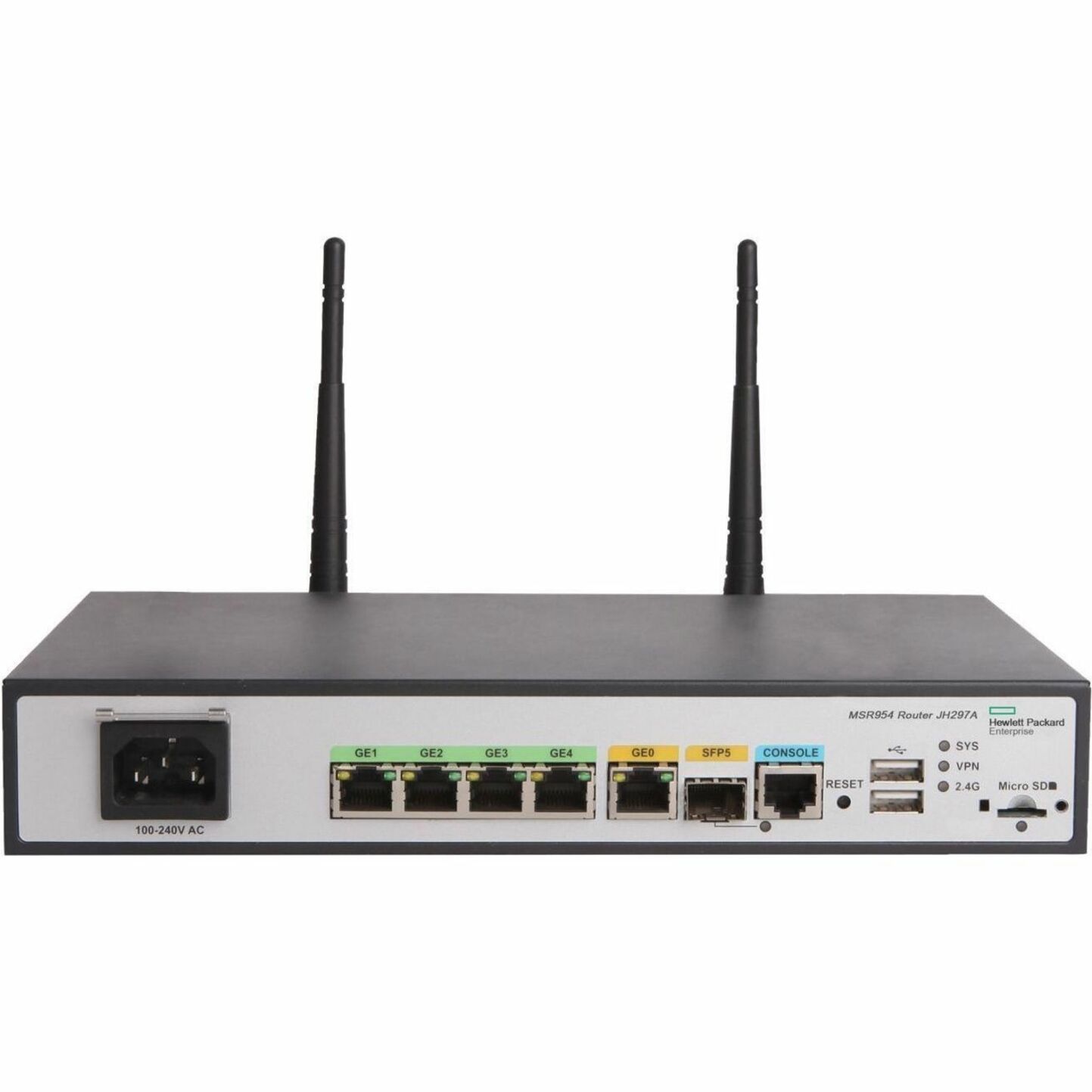 HPE MSR954-W Wi-Fi 4 IEEE 802.11n Ethernet Wireless Router - 2.40 GHz ISM Band - 2 x Antenna(2 x External) - 4 x Network Port - 1 x Broadband Port - USB - Gigabit Ethernet - VPN Supported - Desktop