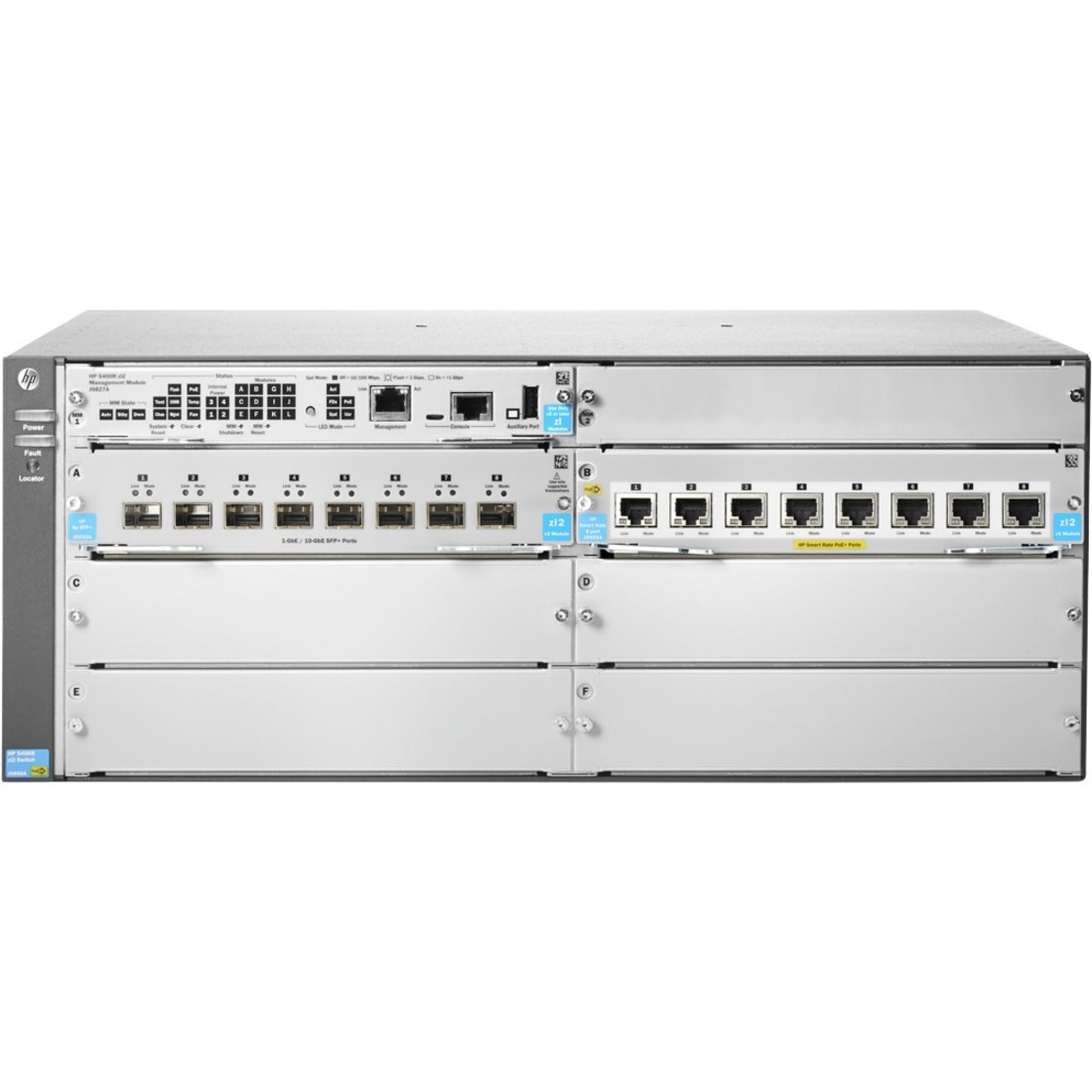 HPE 5406R 8-port 1/2.5/5/10GBASE-T PoE+/ 8-port SFP+ (No PSU) v3 zl2 Switch - 8 Ports - Manageable - Gigabit Ethernet, 10 Gigabit Ethernet - 1000Base-X, 10GBase-X - Refurbished - 3 Layer Supported - Modular - Twisted Pair, Optical Fiber - 4U - Rack-mountable