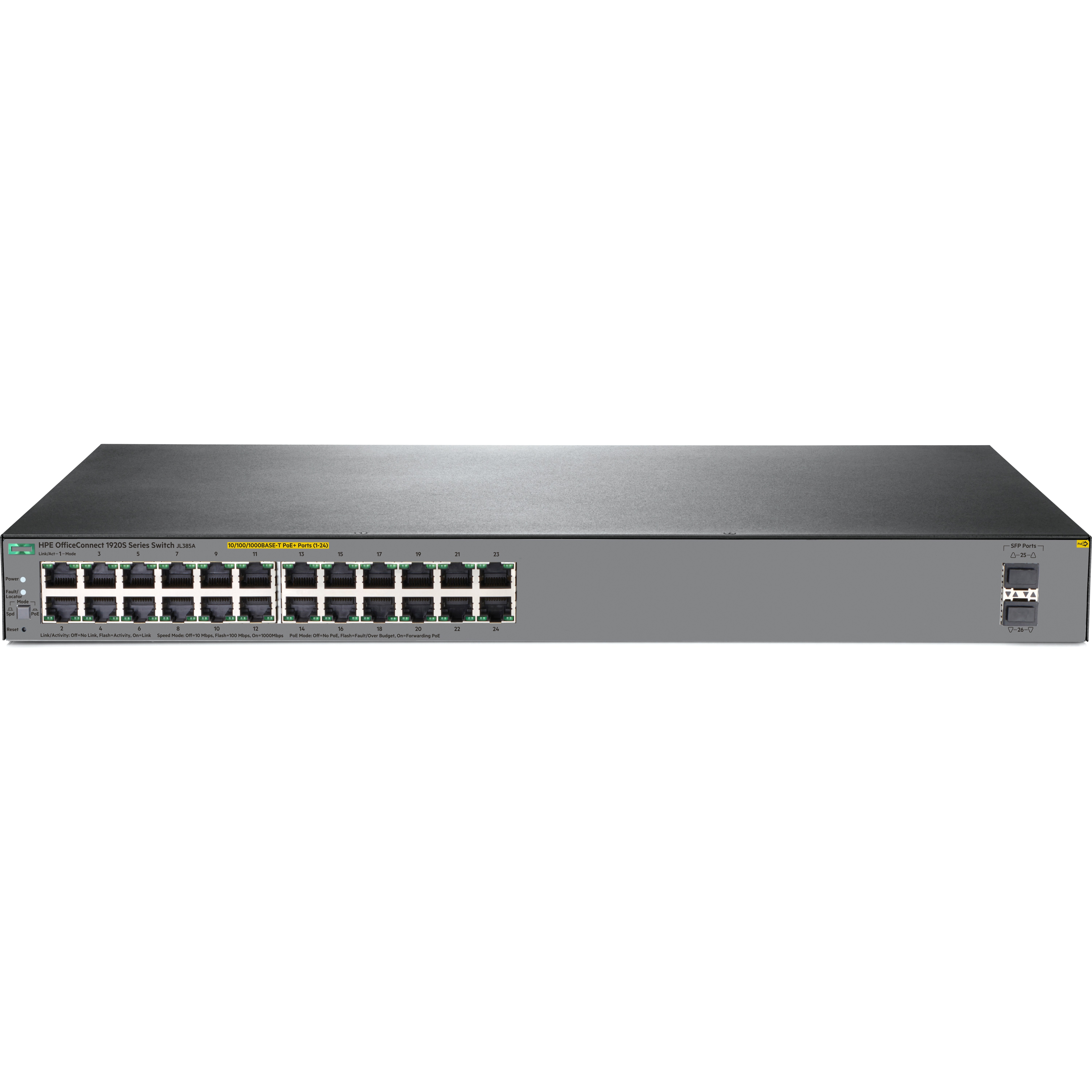 HPE OfficeConnect 1920S 24G 2SFP PoE+ 370W Switch - 24 Ports - Manageable - Gigabit Ethernet - 10/100/1000Base-T, 1000Base-X - Refurbished - 3 Layer Supported - Modular - 2 SFP Slots - Twisted Pair, Optical Fiber - Rack-mountable
