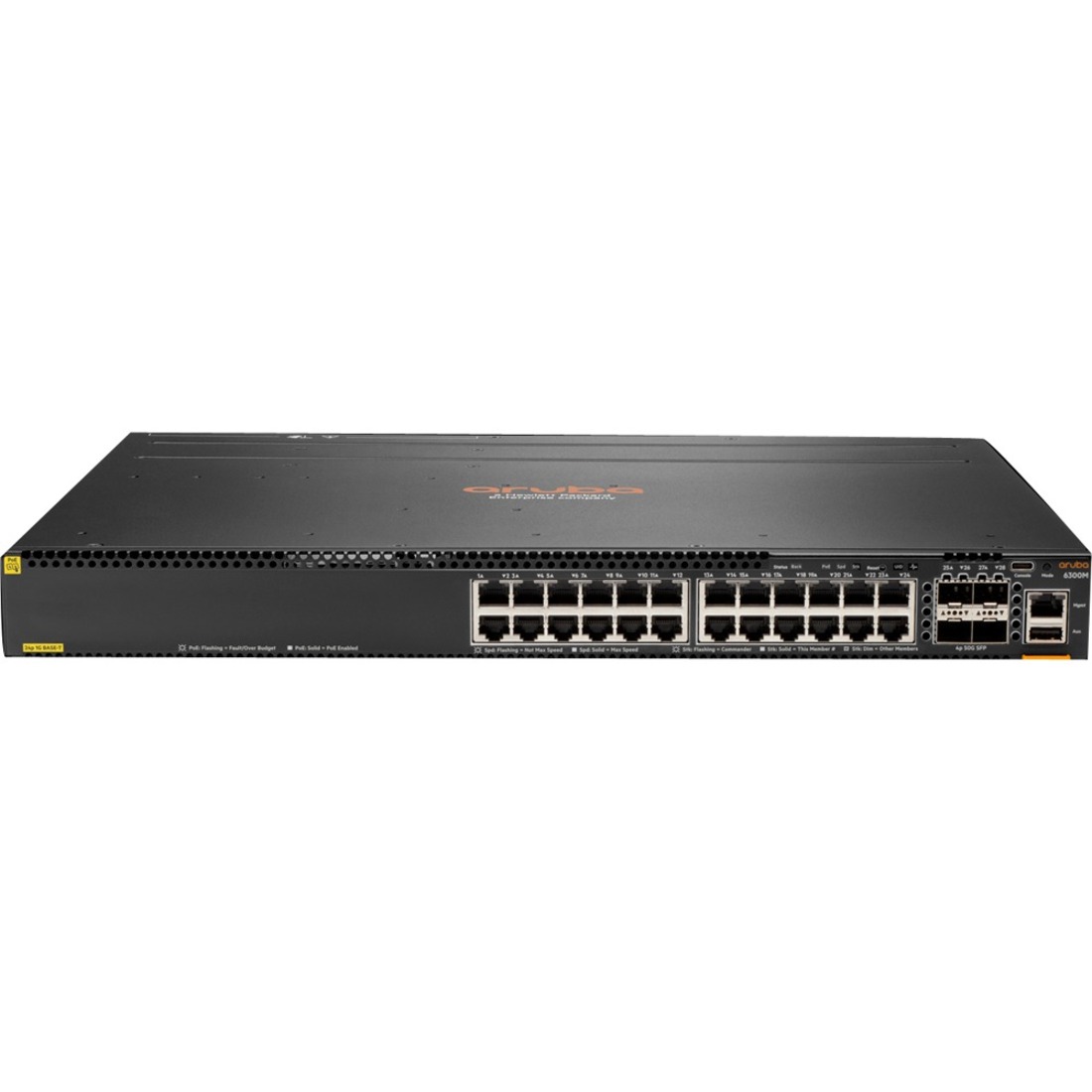 Aruba 6300M 24-port 1GbE Class 4 PoE and 4-port SFP56 Switch - 24 Ports - Manageable - Gigabit Ethernet, 50 Gigabit Ethernet - 10/100/1000Base-T, 50GBase-X - Refurbished - 3 Layer Supported - Modular - 4 SFP Slots - Twisted Pair, Optical Fiber - 1U - Rack-mountable