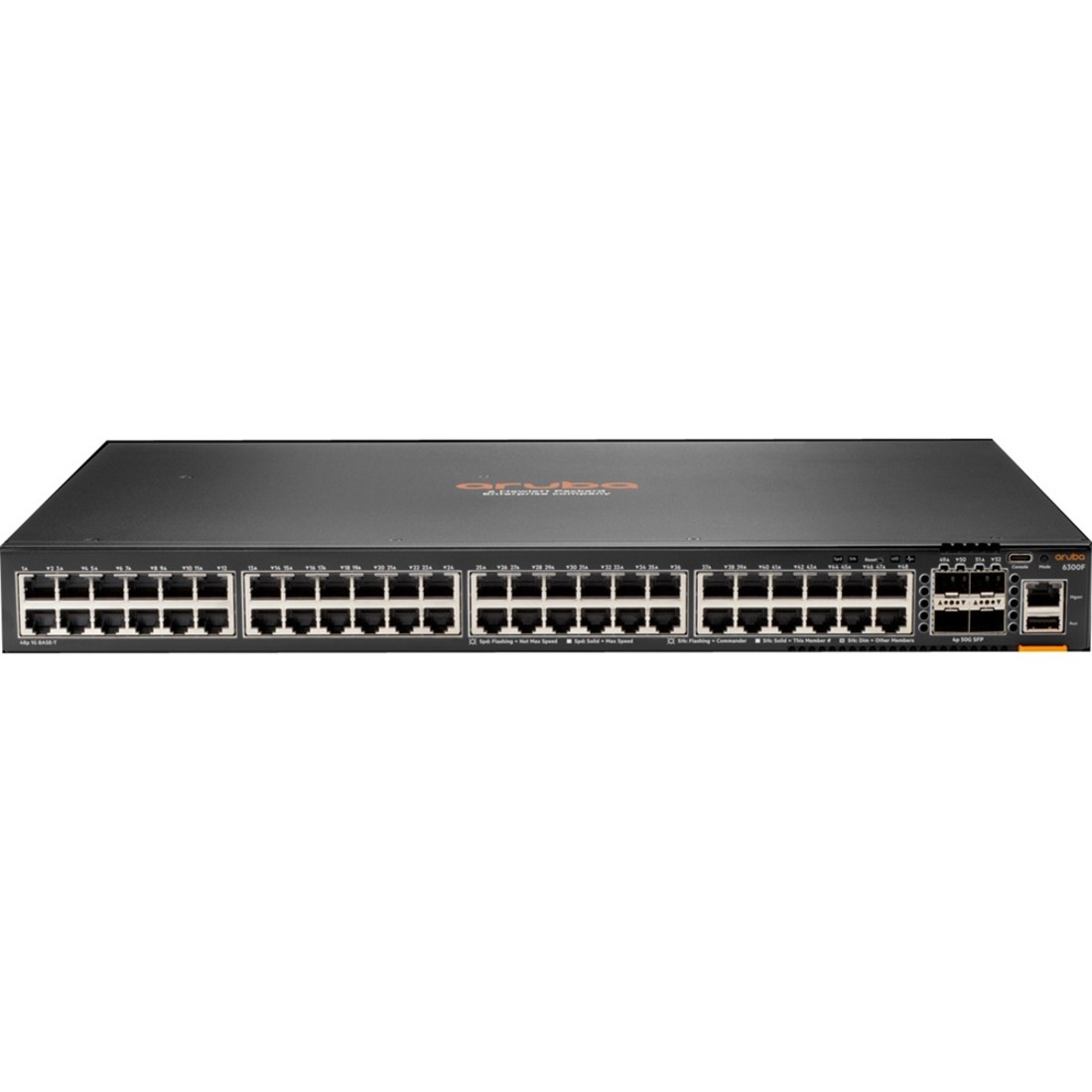 Aruba 6300F 48-port 1GbE and 4-port SFP56 Switch - 48 Ports - Manageable - Gigabit Ethernet, 50 Gigabit Ethernet - 10/100/1000Base-T, 50GBase-X - Refurbished - 3 Layer Supported - Modular - 4 SFP Slots - Twisted Pair, Optical Fiber - 1U - Rack-mountable
