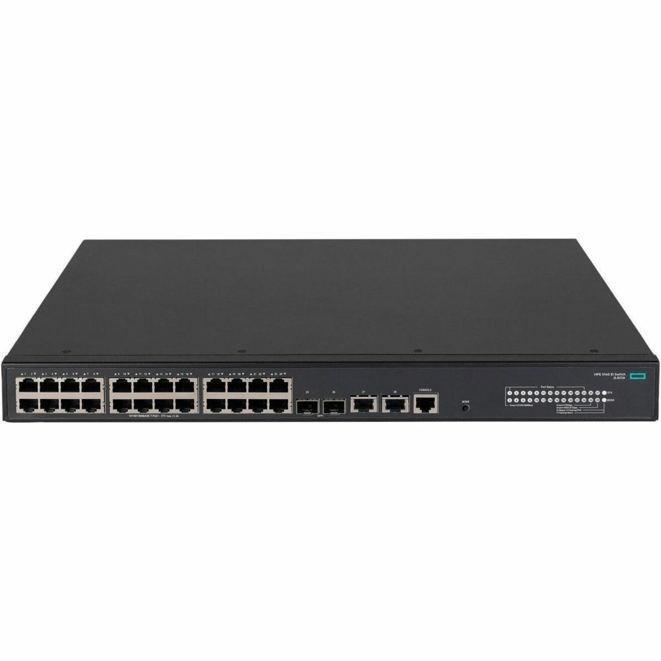 HPE FlexNetwork 5140 EI Ethernet Switch - 26 Ports - Manageable - Gigabit Ethernet, 10 Gigabit Ethernet - 10/100/1000Base-T, 10GBase-X, 10GBase-T - Remanufactured - 4 Layer Supported - 420 W Power Consumption - 370 W PoE Budget - Optical Fiber, Twisted Pair - PoE Ports - 1U - Rack-mountable, Cabinet Mount