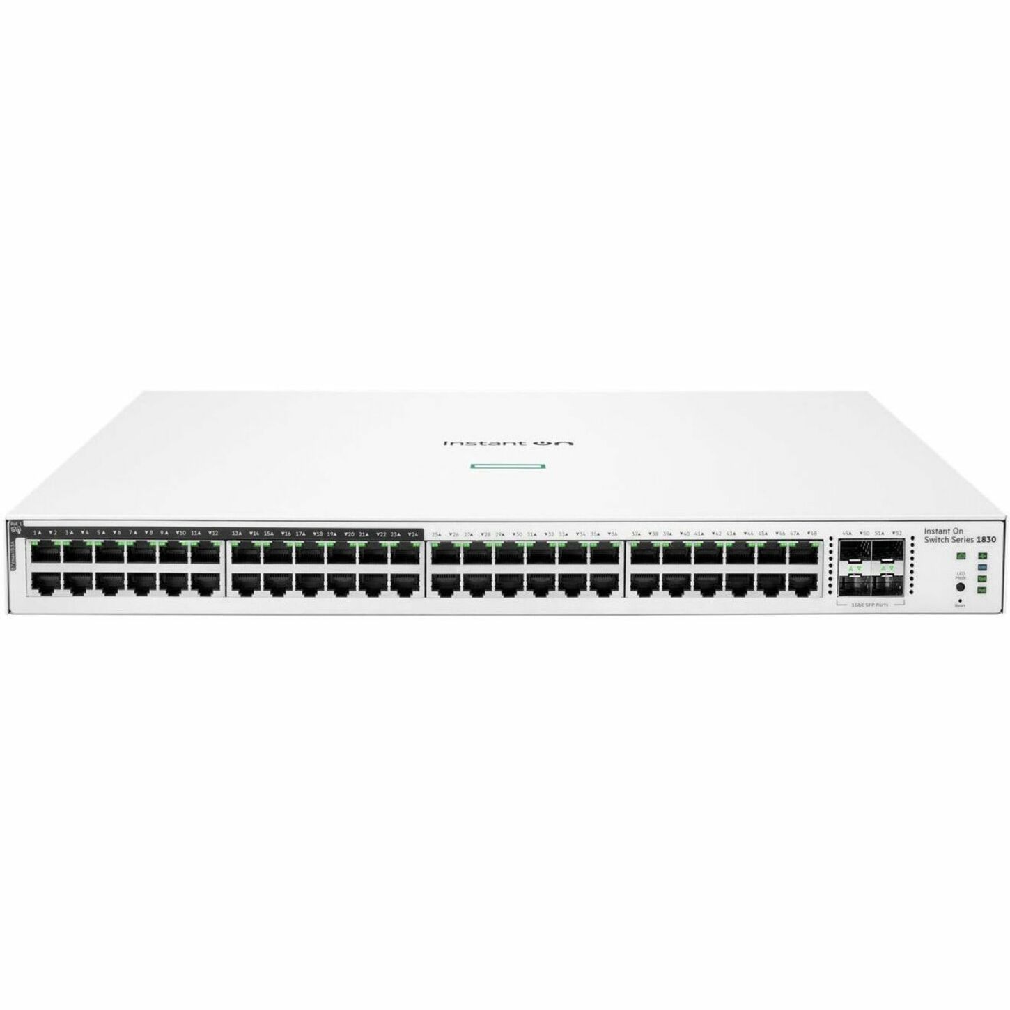 Aruba Instant On 1830 Ethernet Switch - 48 Ports - Manageable - Gigabit Ethernet - 10/100/1000Base-T, 1000Base-X - Remanufactured - 2 Layer Supported - Modular - 4 SFP Slots - 462.50 W Power Consumption - 370 W PoE Budget - Optical Fiber, Twisted Pair - PoE Ports - Rack-mountable, Cabinet Mount, Table Top, Wall Mountable, Under Table, Compact