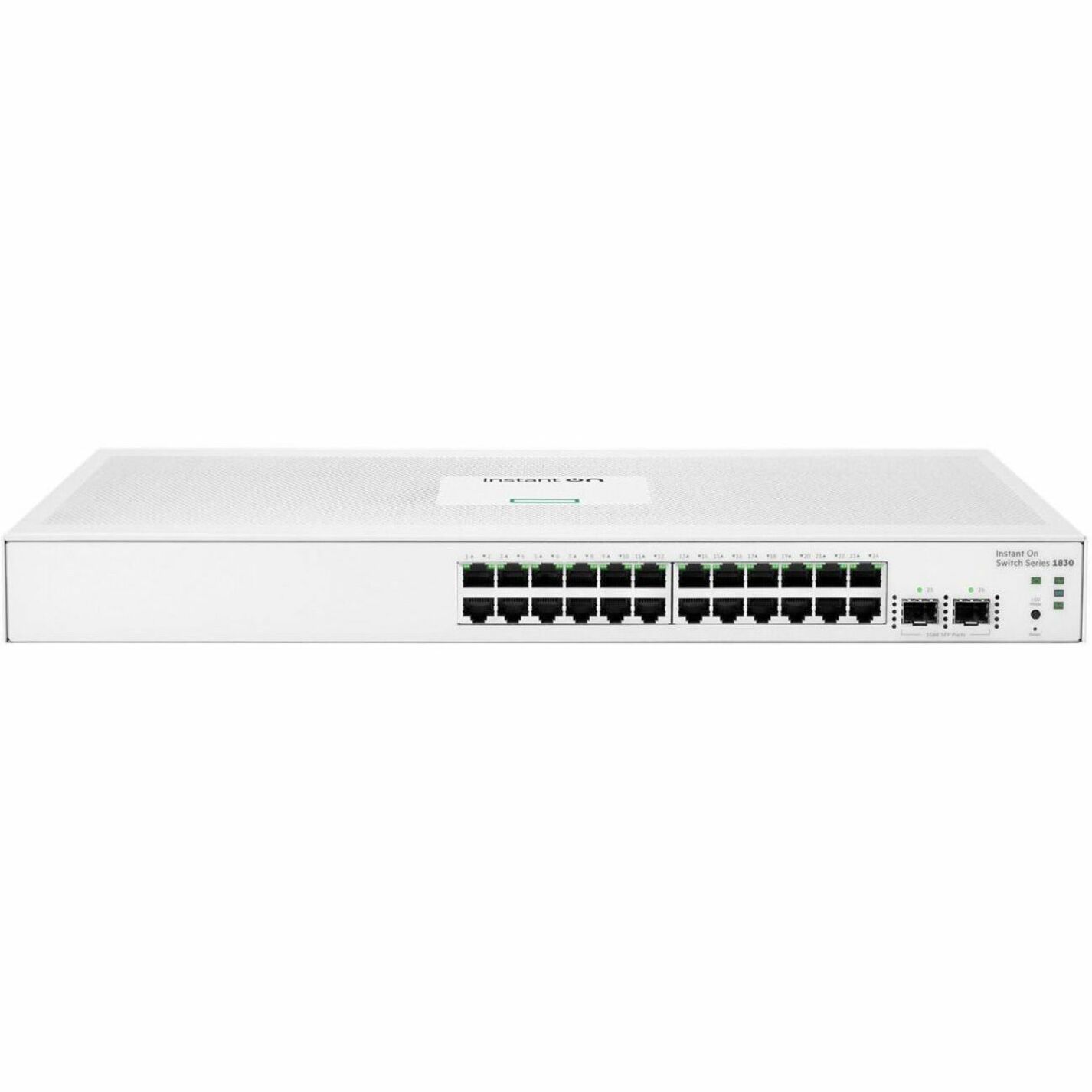 Aruba Instant On 1830 24G 2SFP Switch - 24 Ports - Manageable - Gigabit Ethernet - 10/100/1000Base-T, 1000Base-X - Remanufactured - 2 Layer Supported - Modular - 2 SFP Slots - 19.10 W Power Consumption - Twisted Pair, Optical Fiber - Table Top, Wall Mountable, Under Table, Compact, Rack-mountable, Cabinet Mount
