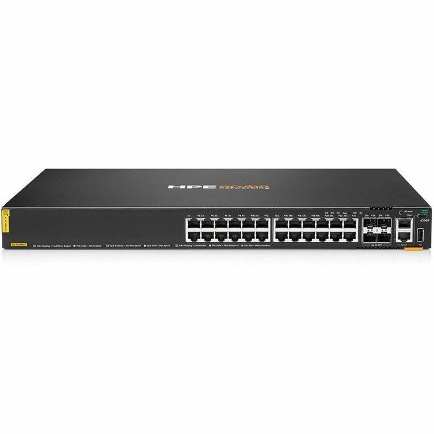 HPE CX 6200F Ethernet Switch - 24 Ports - Manageable - Gigabit Ethernet - 10/100/1000Base-T, 1000Base-X - Refurbished - 3 Layer Supported - Modular - 4 SFP Slots - 44 W Power Consumption - 370 W PoE Budget - Twisted Pair, Optical Fiber - PoE Ports - 1U - Rack-mountable, Cabinet Mount, Surface Mount