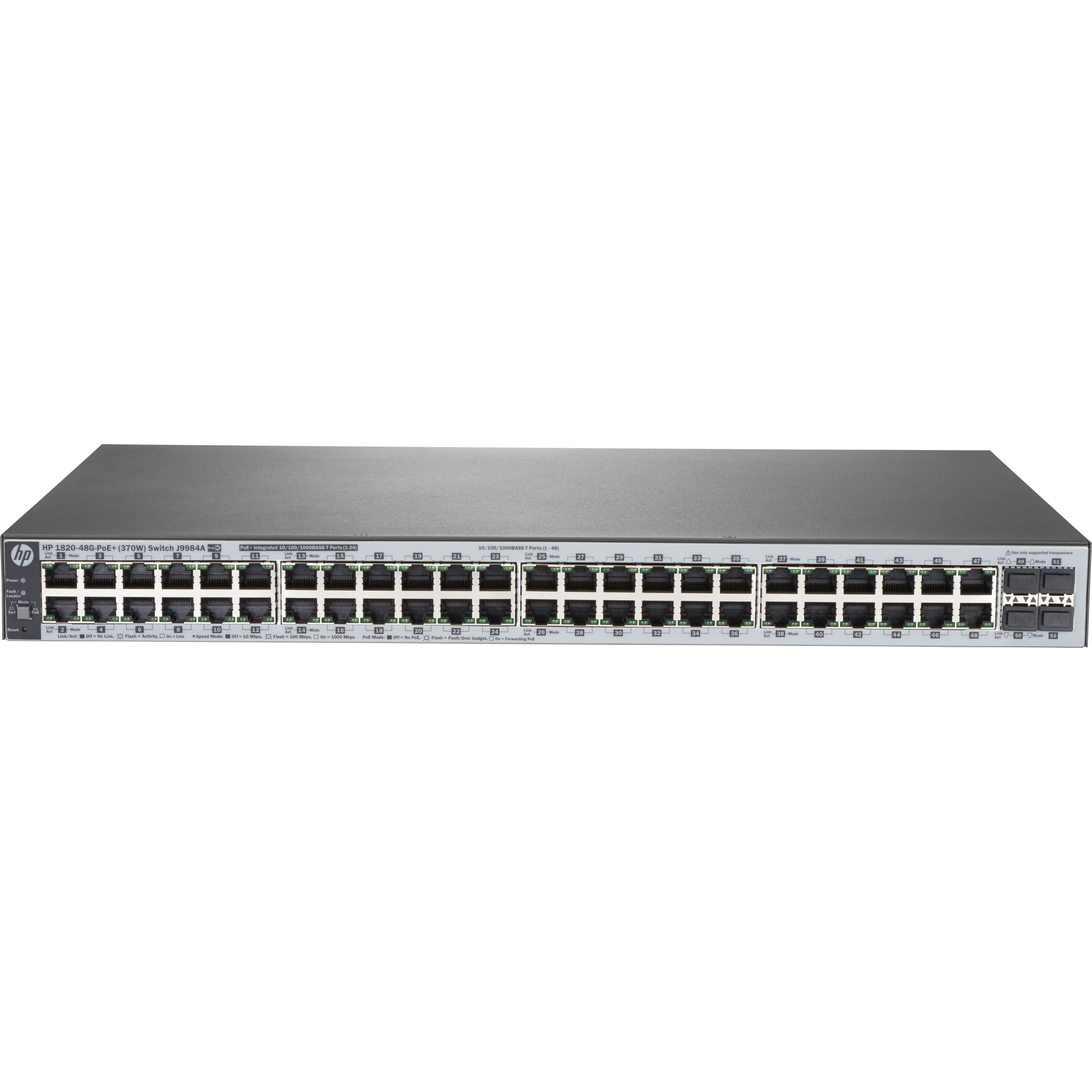 HPE 1820-48G-PoE+ (370W) Switch - 48 Ports - Manageable - Gigabit Ethernet - 10/100/1000Base-T, 1000Base-X - Refurbished - 2 Layer Supported - Modular - 4 SFP Slots - 370 W PoE Budget - Twisted Pair, Optical Fiber - PoE Ports - Gray - 1U - Rack-mountable, Desktop, Under Table, Wall Mountable