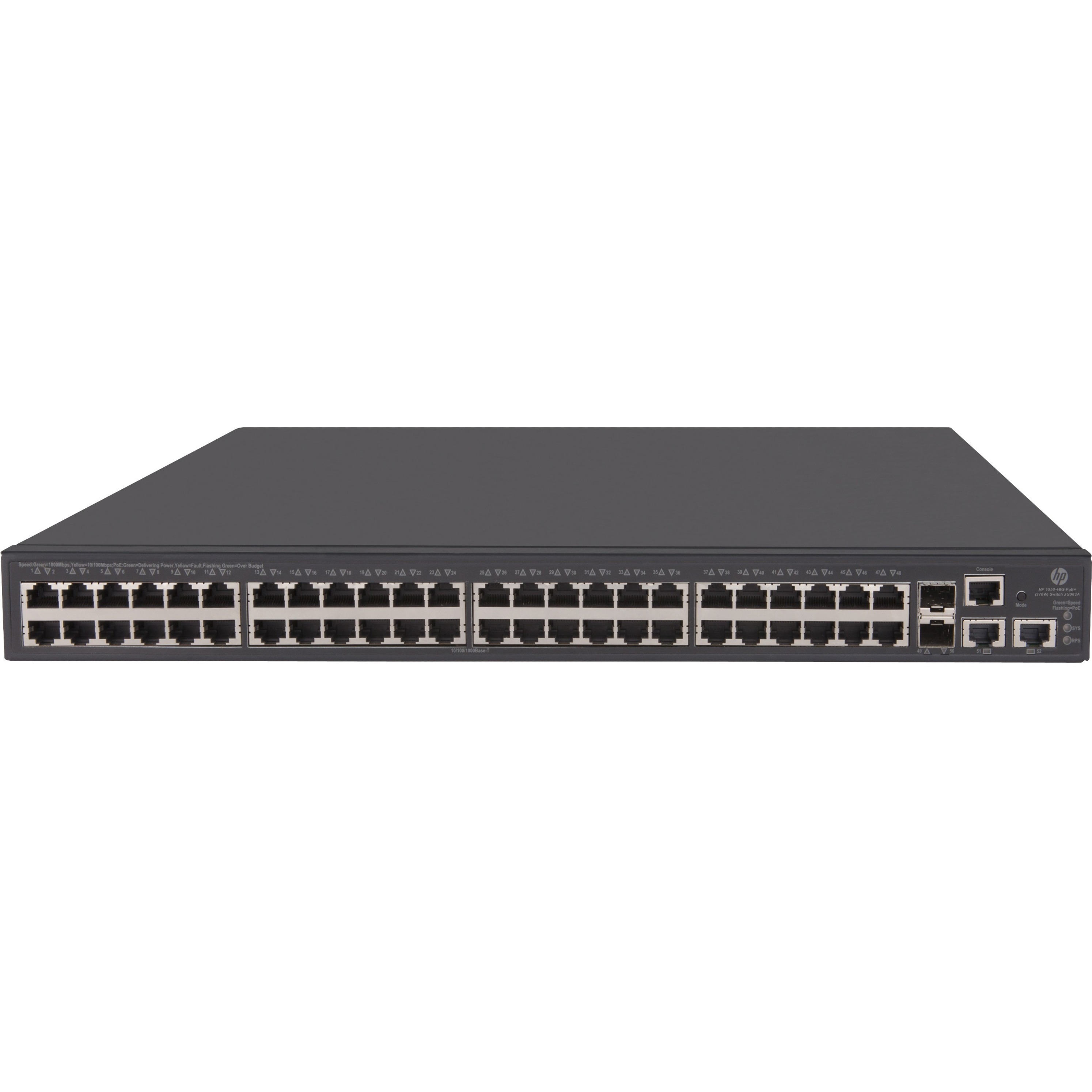 HPE 1950-48G-2SFP+-2XGT-PoE+(370W) Switch - 50 Ports - Manageable - Gigabit Ethernet, 10 Gigabit Ethernet - 10/100Base-TX, 10/100/1000Base-T, 10GBase-T, 10GBase-X - Refurbished - 3 Layer Supported - Twisted Pair, Optical Fiber - 1U - Rack-mountable