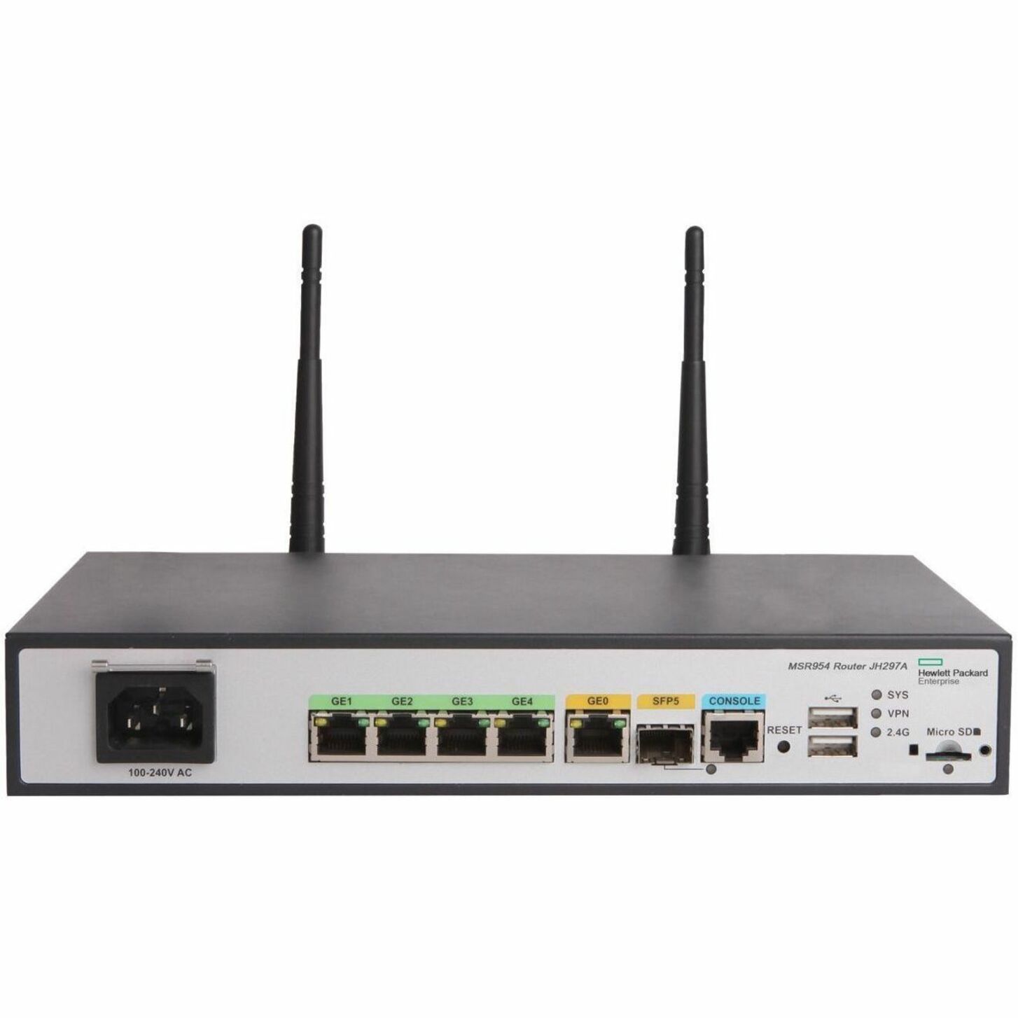 HPE MSR954-W Wi-Fi 4 IEEE 802.11n Ethernet Wireless Router - 2.40 GHz ISM Band - 2 x Antenna(2 x External) - 4 x Network Port - 1 x Broadband Port - USB - Gigabit Ethernet - VPN Supported - Desktop