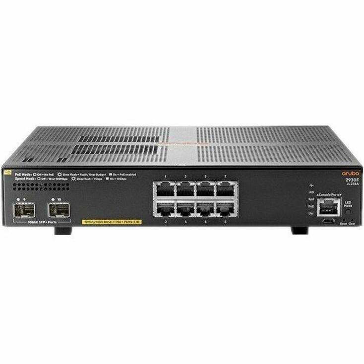 HPE 2930F 8G PoE+ 2SFP+ Switch - 8 Ports - Manageable - 10 Gigabit Ethernet, Gigabit Ethernet - 10/100/1000Base-T, 10GBase-X - Refurbished - 3 Layer Supported - Modular - 125 W PoE Budget - Twisted Pair, Optical Fiber - 1U - Rack-mountable, Desktop