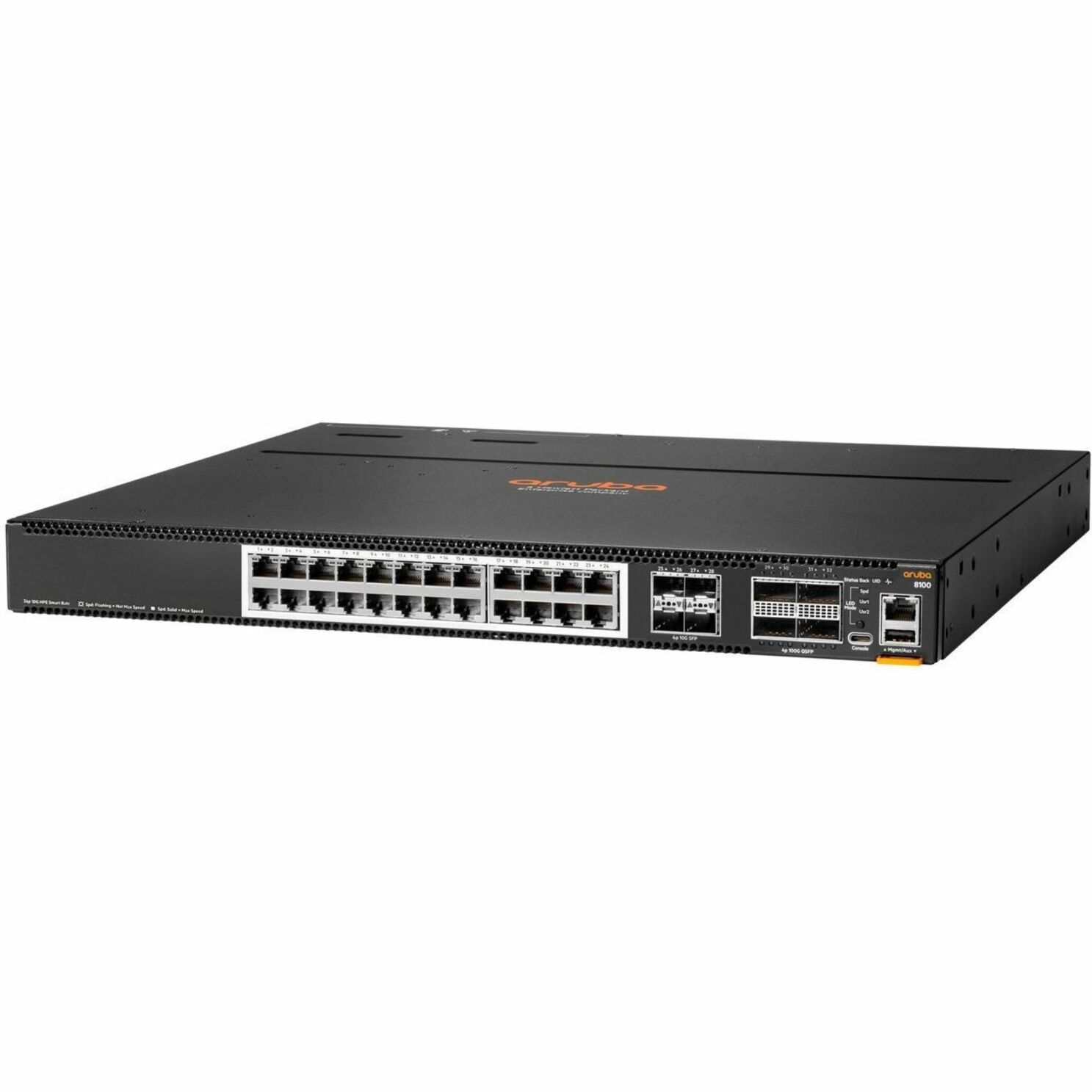 Aruba CX 8100 24x10G Base-T 4x10G SFP+ 4x40/100G QSFP28 BF 3Fan 2AC PSU Sw Bdl - 24 Ports - Manageable - Gigabit Ethernet, 2.5 Gigabit Ethernet, 5 Gigabit Ethernet, 10 Gigabit Ethernet, 40 Gigabit Ethernet, 100 Gigabit Ethernet - 1000Base-T, 2.5GBase-T, 5GBase-T, 10GBase-T, 1000Base-X, 10GBase-X, 40GBase-X, 100GBase-X - 3 Layer Supported - 400 W Power Consumption - Twisted Pair, Optical Fiber - Black - 1U - Rack-mountable, Compact - Lifetime Limited Warranty