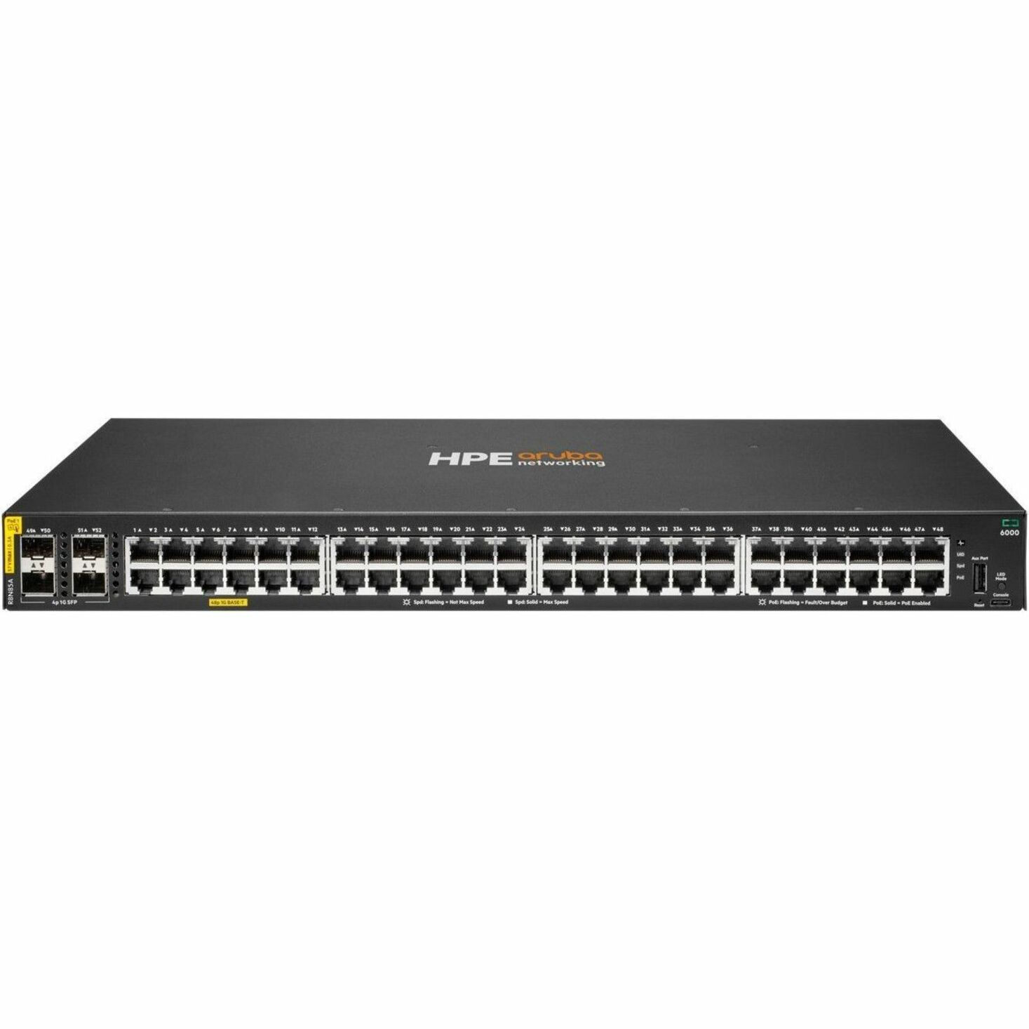 Aruba CX 6000 48G Class4 PoE 4SFP 370W Switch - 48 Ports - Manageable - Gigabit Ethernet, 10 Gigabit Ethernet - 10/100/1000Base-T, 10GBase-X - 3 Layer Supported - Modular - 4 SFP Slots - 480 W Power Consumption - 370 W PoE Budget - Twisted Pair, Optical Fiber - PoE Ports - 1U - Surface Mount, Wall Mountable, Rack-mountable, Cabinet Mount, Compact - Lifetime Limited Warranty