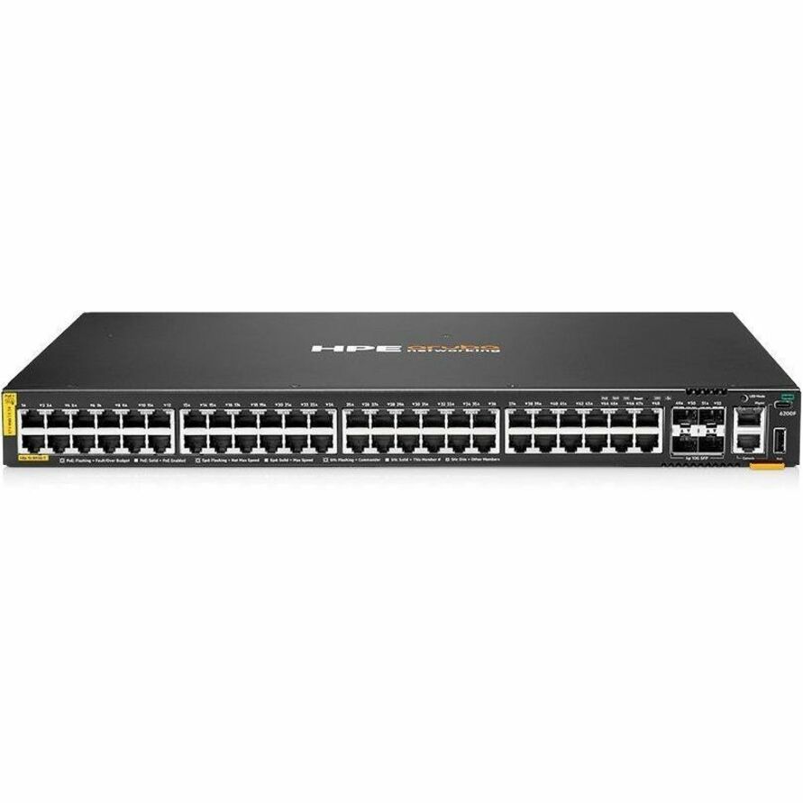 HPE CX 6200F 48G Class 4 PoE 4SFP+ 740W Switch - 48 Ports - Manageable - Gigabit Ethernet, 10 Gigabit Ethernet - 10/100/1000Base-T, 10GBase-X - 3 Layer Supported - Modular - 4 SFP Slots - 62 W Power Consumption - 740 W PoE Budget - Twisted Pair, Optical Fiber - 1U - Rack-mountable, Surface Mount, Cabinet Mount - Lifetime Limited Warranty