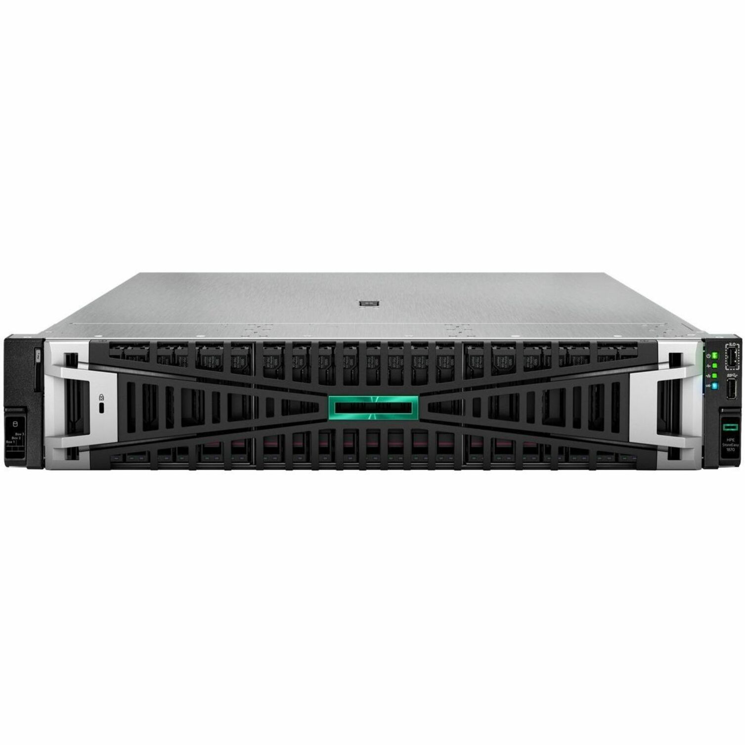 HPE StoreEasy 1870 Storage with Microsoft Windows Server IoT 2022 - 1 x Intel Xeon Bronze 3408U Octa-core (8 Core) 1.80 GHz - 76.80 TB Supported HDD Capacity - 32 GB RAM DDR5 SDRAM - RAID Supported - 24 x Total Bays - 24 x 2.5" Bay - 3 x Total Slot(s) - 10 Gigabit Ethernet - Network (RJ-45) - Windows Server IoT 2022 - CIFS/SMB, SMB 2.0, SMB 2.1, SMB 3.0, SMB 3.0.2, SMB 3.1.1, NFSv2, NFSv3, NFSv4.1, WEBDAV, HTTP, ... - 2U - Rack-mountable