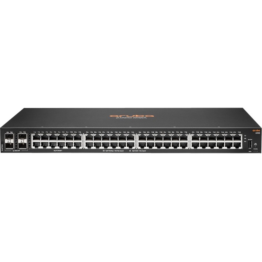 Aruba 6100 48G 4SFP+ Switch - 48 Ports - Manageable - Gigabit Ethernet, 10 Gigabit Ethernet - 10/100/1000Base-T, 10GBase-X - 3 Layer Supported - Modular - 44.20 W Power Consumption - Twisted Pair, Optical Fiber - 1U - Rack-mountable, Wall Mountable