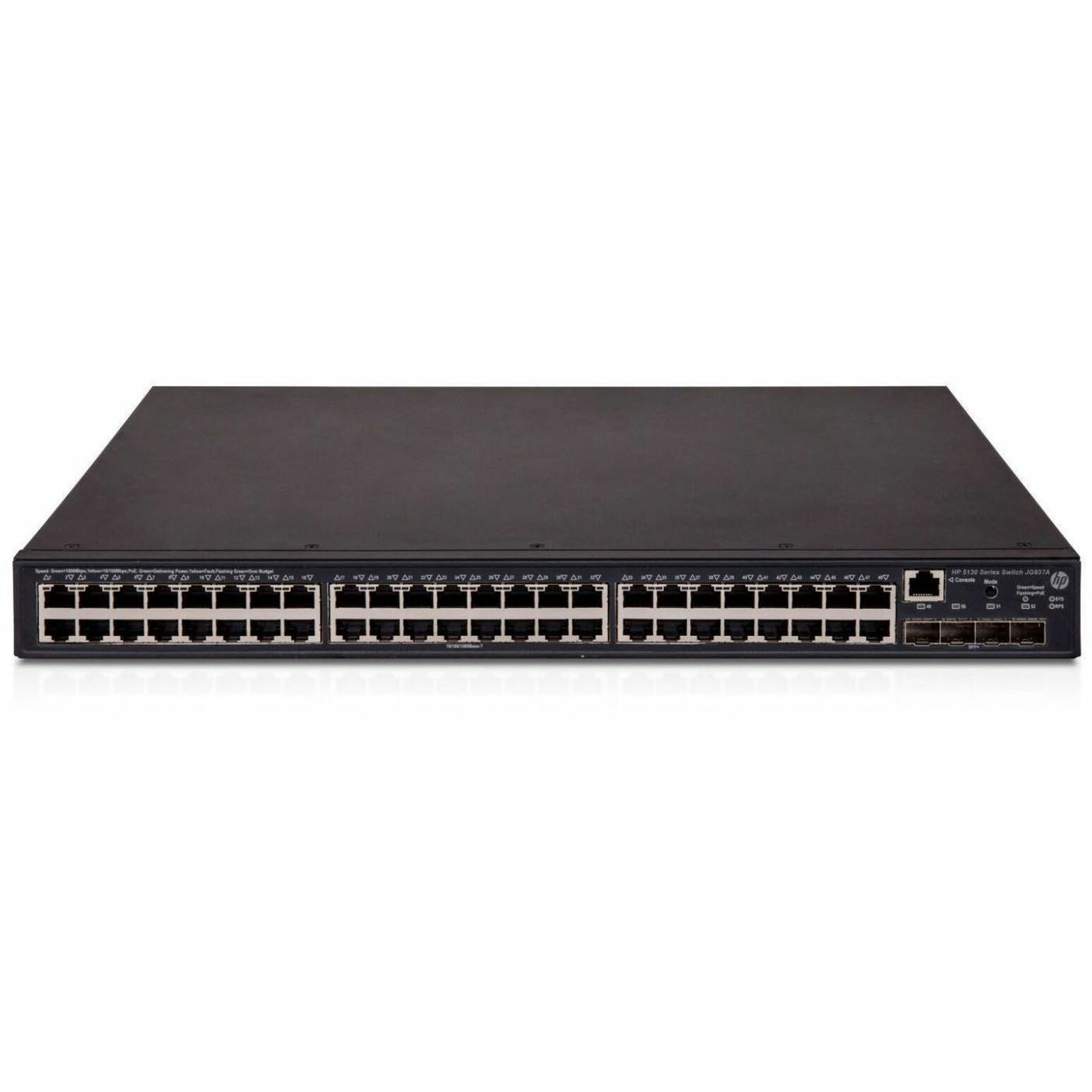 HPE 5130-48G-POE+-4SFP+ EI Switch - 48 Ports - Manageable - Gigabit Ethernet, 10 Gigabit Ethernet - 10/100/1000Base-T, 1000Base-X, 10GBase-X - Refurbished - 3 Layer Supported - 490 W Power Consumption - 370 W PoE Budget - Twisted Pair, Optical Fiber - PoE Ports - 1U - Rack-mountable