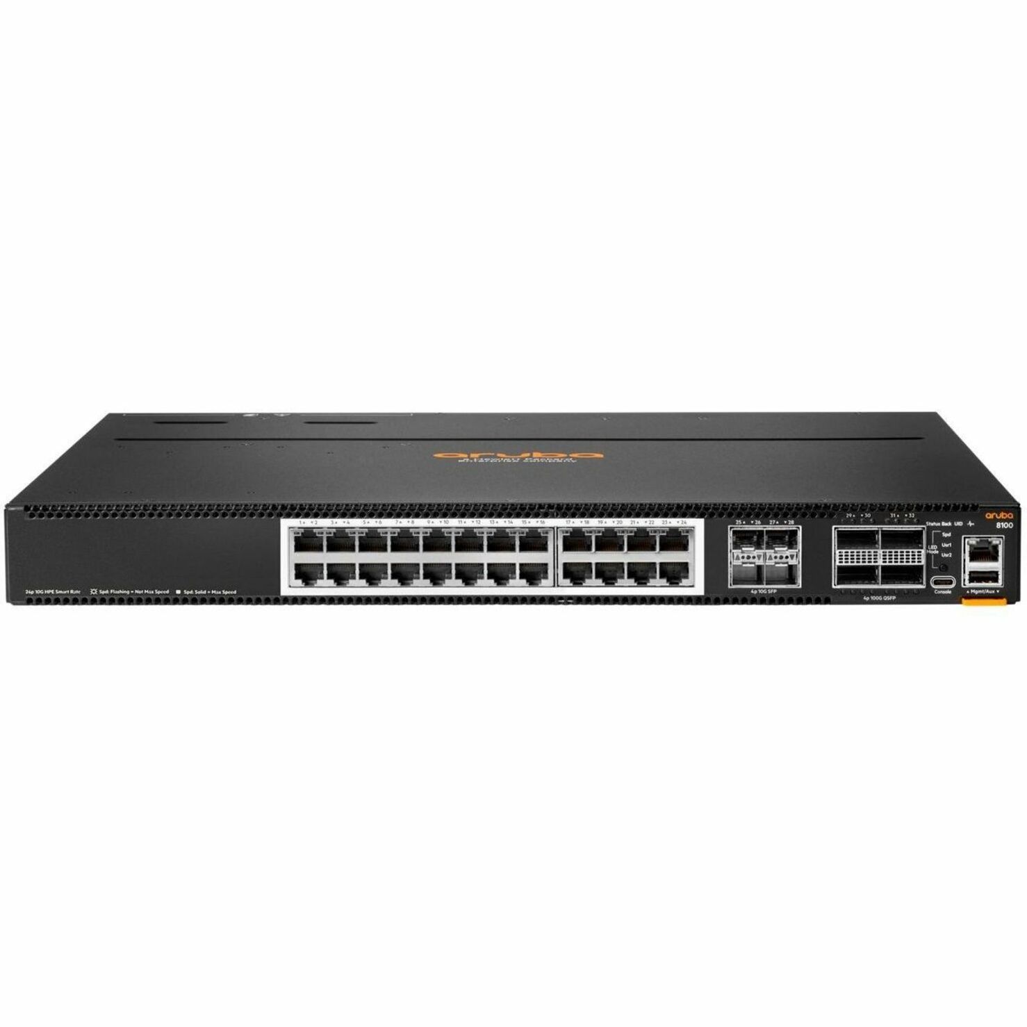 Aruba CX 8100 24XT4XF4C Ethernet Switch - 32 Ports - Manageable - 10 Gigabit Ethernet, 100 Gigabit Ethernet, 40 Gigabit Ethernet, Gigabit Ethernet - 10GBase-X, 100GBase-X, 10Base-T, 1000Base-X, 40GBase-X - 2 Layer Supported - Modular - 400 W Power Consumption - Optical Fiber, Twisted Pair - 1U - Surface Mount, Cabinet Mount, Rack-mountable - Lifetime Limited Warranty