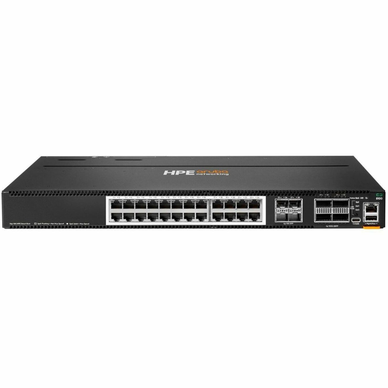 Aruba CX 8100 24x10G Base-T 4x10G SFP+ 4x40/100G QSFP28 FB 3Fan 2AC PSU Sw Bdl - 24 Ports - Manageable - 10 Gigabit Ethernet, 100 Gigabit Ethernet, Gigabit Ethernet, 2.5 Gigabit Ethernet, 5 Gigabit Ethernet, 40 Gigabit Ethernet - 1000Base-T, 2.5GBase-T, 5GBase-T, 10GBase-T, 1000Base-X, 10GBase-X, 40GBase-X, 100GBase-X - 3 Layer Supported - 400 W Power Consumption - Optical Fiber, Twisted Pair - 1U - Rack-mountable, Compact