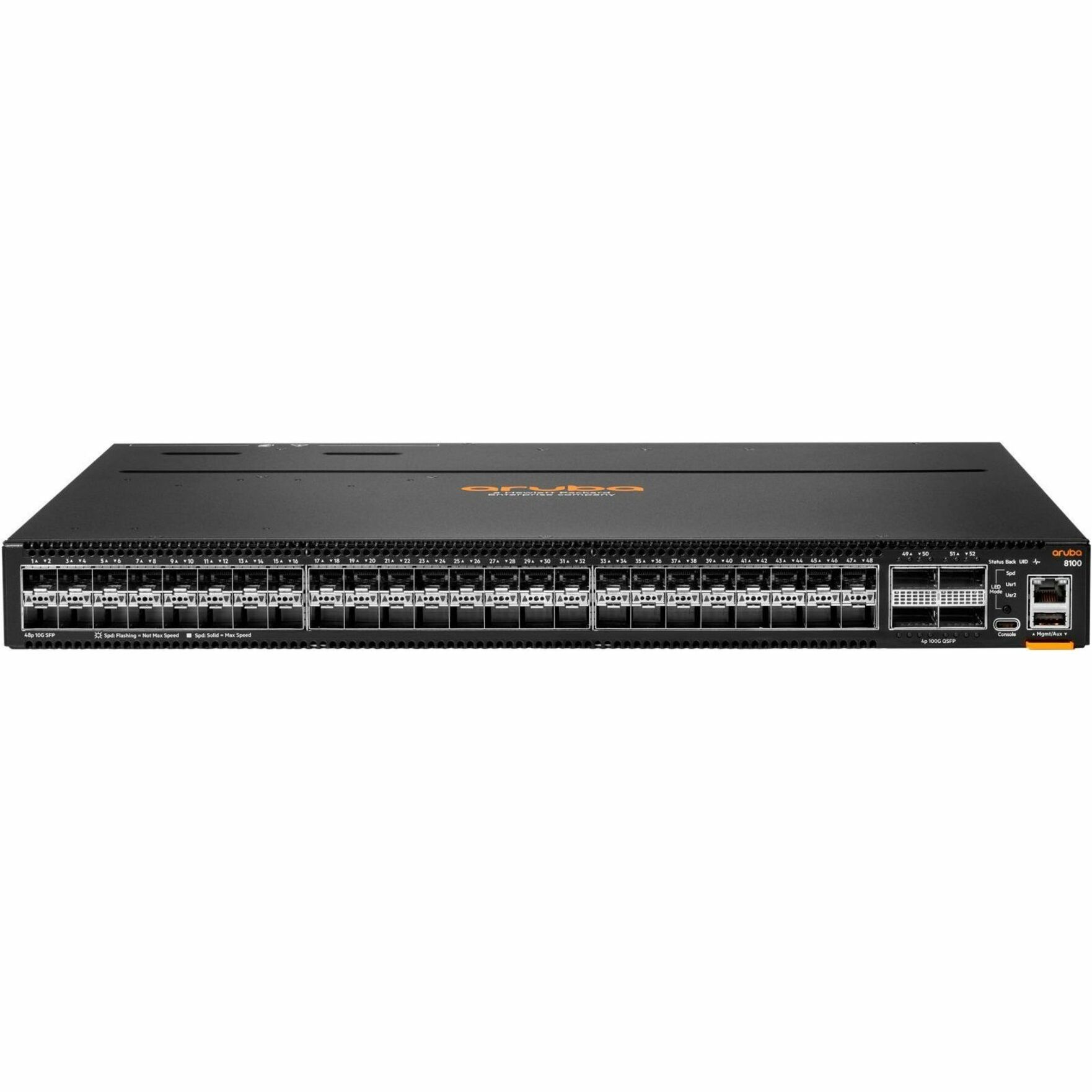 Aruba CX 8100 48XF4C Ethernet Switch - 52 Ports - Manageable - 10 Gigabit Ethernet, 100 Gigabit Ethernet, Gigabit Ethernet, 40 Gigabit Ethernet - 10GBase-X, 100GBase-X, 40GBase-X, 1000Base-X - 2 Layer Supported - Modular - 450 W Power Consumption - Optical Fiber - 1U - Surface Mount, Cabinet Mount, Rack-mountable, Compact - Lifetime Limited Warranty