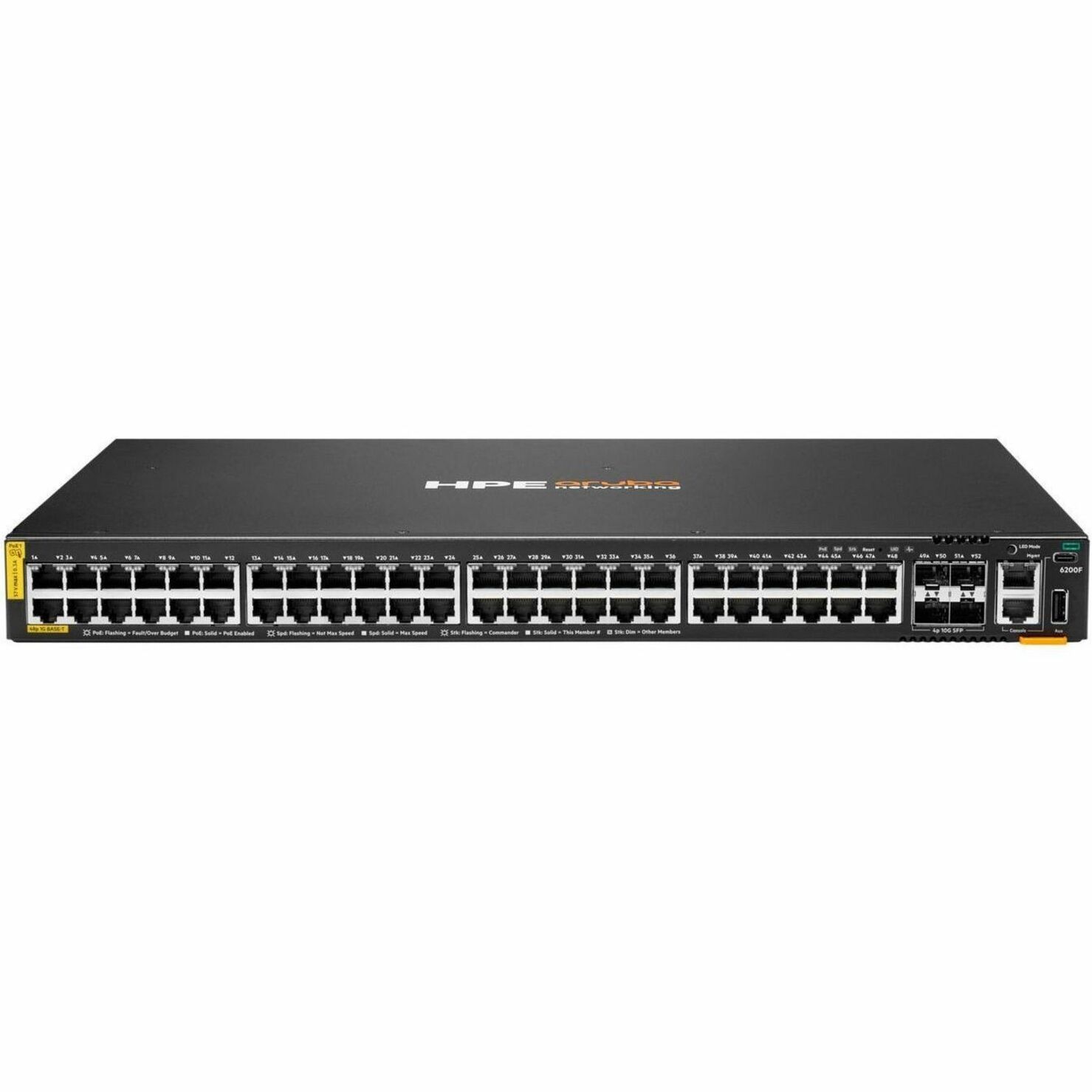 HPE CX 6200F 48G Class 4 PoE 4SFP+ 370W Switch - 48 Ports - Manageable - Gigabit Ethernet, 10 Gigabit Ethernet - 10/100/1000Base-T, 10GBase-X - 3 Layer Supported - Modular - 4 SFP Slots - 60 W Power Consumption - 370 W PoE Budget - Twisted Pair, Optical Fiber - PoE Ports - 1U - Rack-mountable, Surface Mount, Cabinet Mount - Lifetime Limited Warranty - TAA Compliant