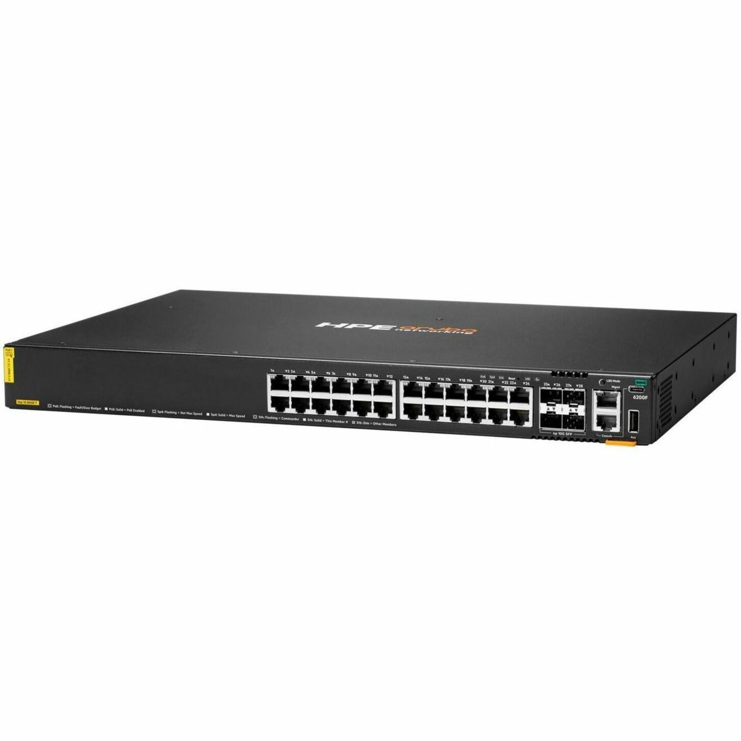 HPE CX 6200F 24G Class 4 PoE 4SFP+ 370W Switch - 24 Ports - Manageable - Gigabit Ethernet, 10 Gigabit Ethernet - 10/100/1000Base-T, 10GBase-X - 3 Layer Supported - Modular - 4 SFP Slots - 65 W Power Consumption - 370 W PoE Budget - Twisted Pair, Optical Fiber - 1U - Cabinet Mount, Rack-mountable, Surface Mount - Lifetime Limited Warranty