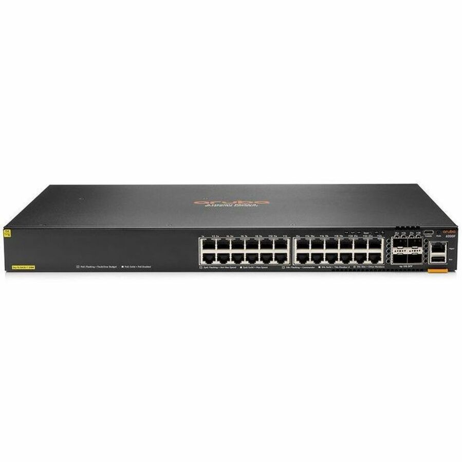 Aruba CX 6200F 24G Class 4 PoE 4SFP+ 370W Switch - 24 Ports - Manageable - Gigabit Ethernet, 10 Gigabit Ethernet - 10/100/1000Base-T, 10GBase-X - 3 Layer Supported - Modular - 4 SFP Slots - 65 W Power Consumption - 370 W PoE Budget - Twisted Pair, Optical Fiber - 1U - Cabinet Mount, Rack-mountable, Surface Mount