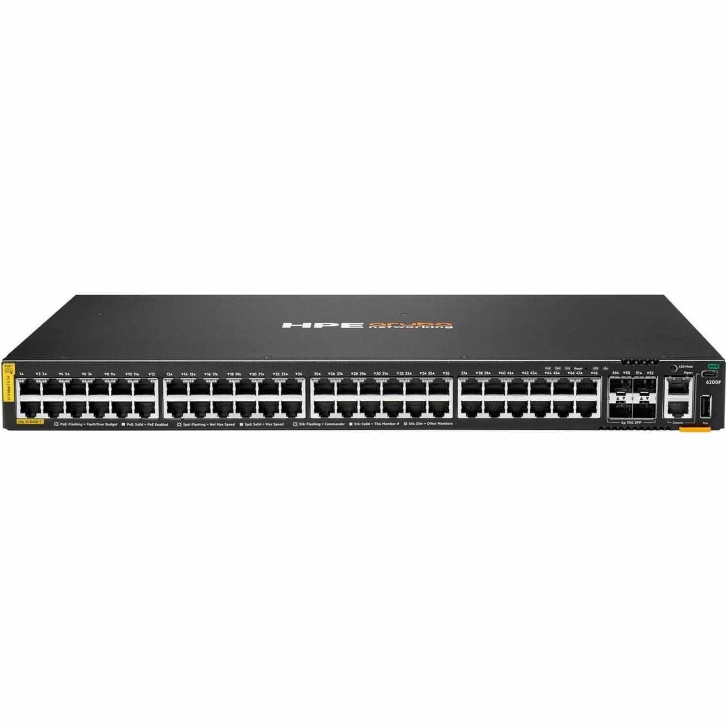 HPE CX 6200F 48G Class 4 PoE 4SFP+ 370W Switch - 48 Ports - Manageable - Gigabit Ethernet, 10 Gigabit Ethernet - 10/100/1000Base-T, 10GBase-X - 3 Layer Supported - Modular - 4 SFP Slots - 60 W Power Consumption - 370 W PoE Budget - Twisted Pair, Optical Fiber - PoE Ports - 1U - Rack-mountable, Surface Mount, Cabinet Mount - Lifetime Limited Warranty