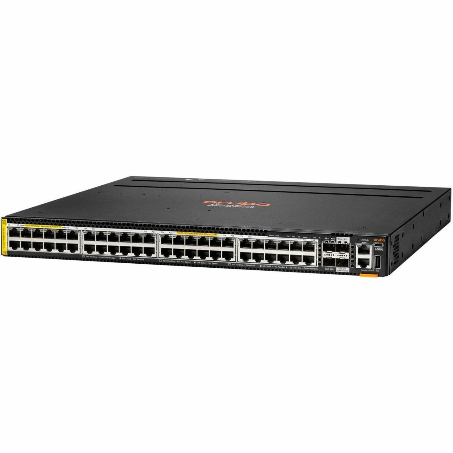 Aruba CX 6300 Ethernet Switch - 48 Ports - Manageable - 5 Gigabit Ethernet, 10 Gigabit Ethernet, 50 Gigabit Ethernet - 5GBase-T, 10GBase-X, 50GBase-X - 2 Layer Supported - Modular - 4 SFP Slots - 2880 W PoE Budget - Twisted Pair, Optical Fiber - PoE Ports - 1U - Rack-mountable, Cabinet Mount, Surface Mount