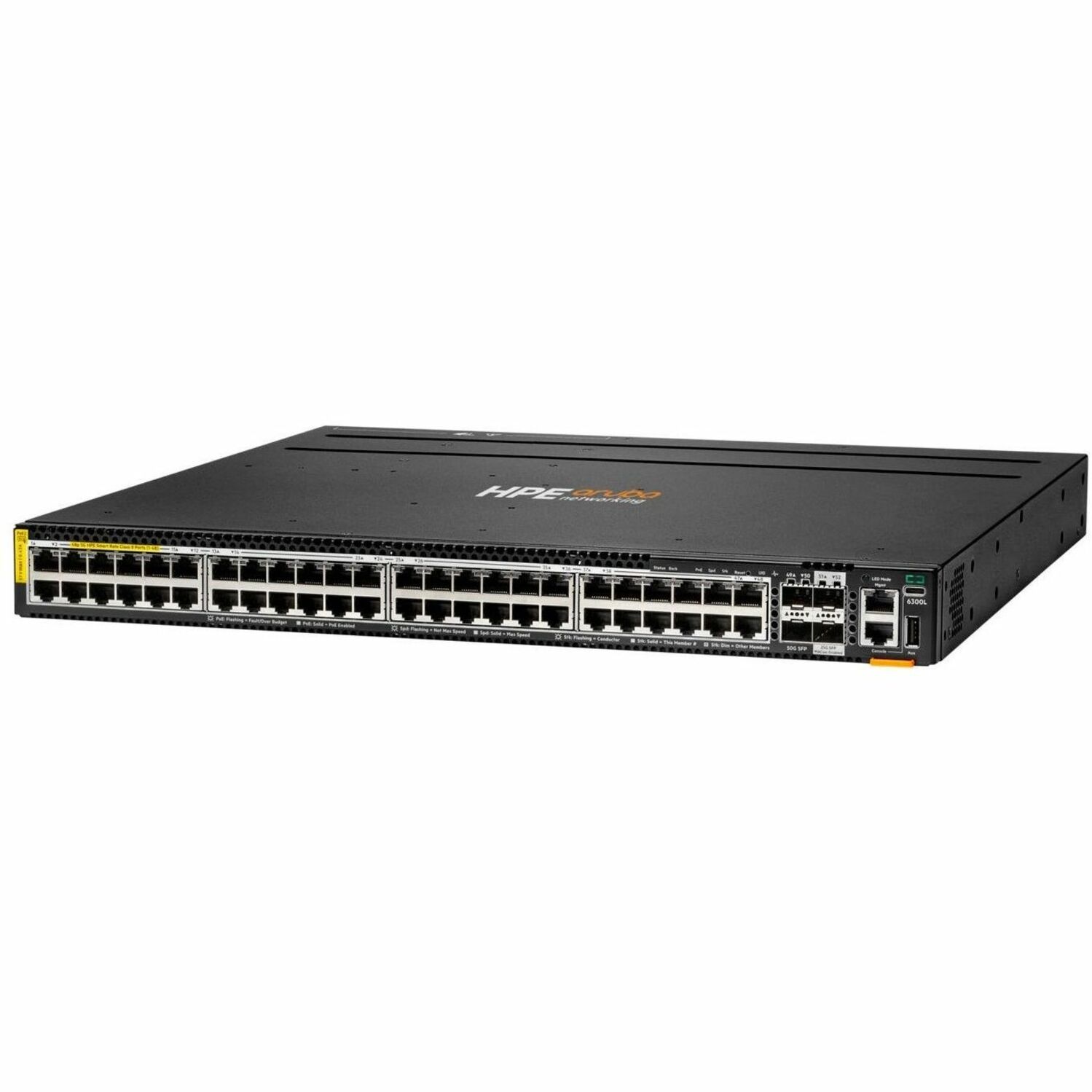 Aruba CX 6300 Ethernet Switch - 48 Ports - Manageable - 5 Gigabit Ethernet, 50 Gigabit Ethernet, 25 Gigabit Ethernet - 5GBase-T, 50GBase-X, 25GBase-X - 2 Layer Supported - Modular - 4 SFP Slots - 2880 W PoE Budget - Twisted Pair, Optical Fiber - PoE Ports - 1U - Rack-mountable, Cabinet Mount, Surface Mount