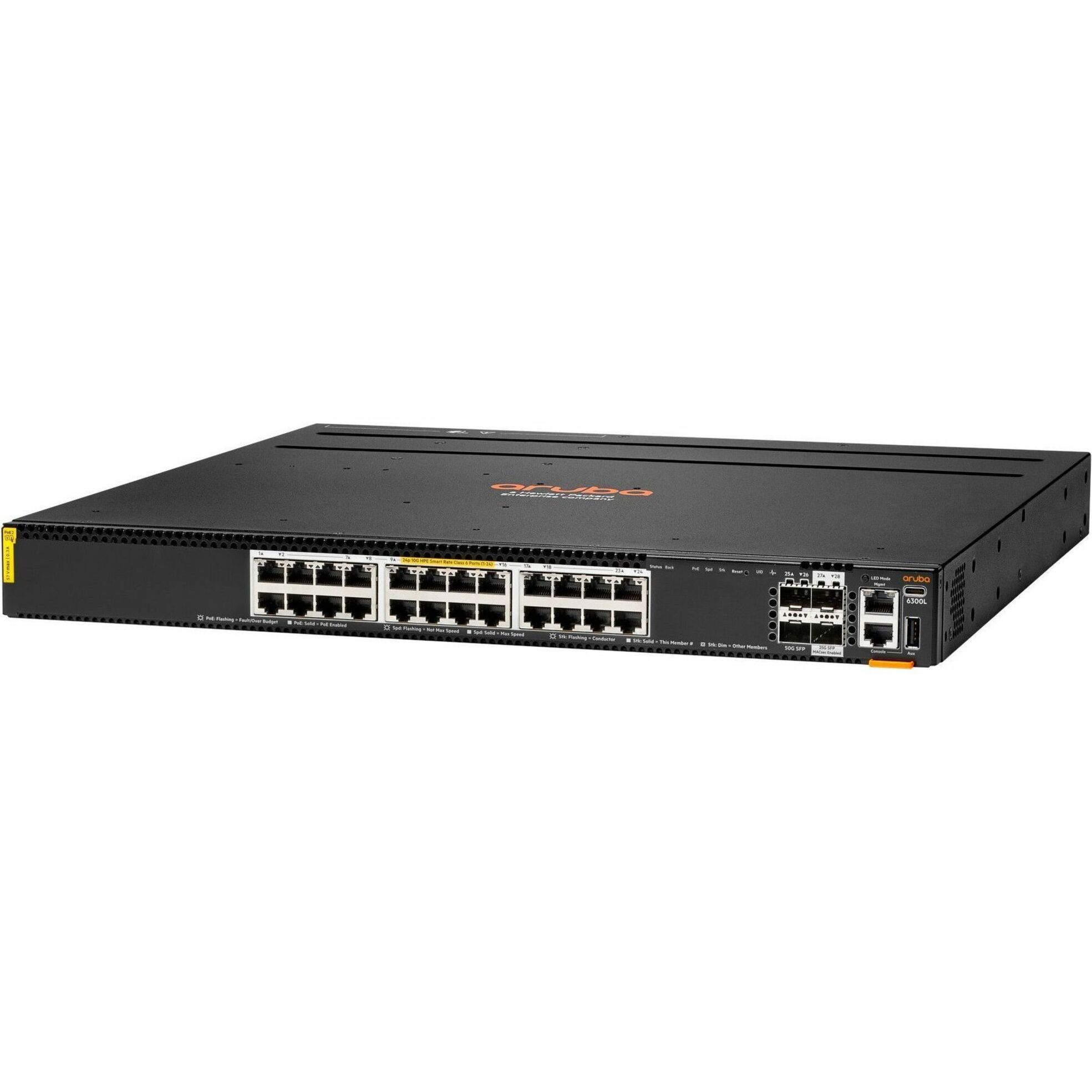Aruba 6300L 24p Smart Rate 1G/2.5G/5G/10G CL6 2p SFP56 50G 2p SFP28 25G L2 Switch - 24 Ports - Manageable - Gigabit Ethernet, 2.5 Gigabit Ethernet, 5 Gigabit Ethernet, 10 Gigabit Ethernet, 25 Gigabit Ethernet, 50 Gigabit Ethernet - 100/1000Base-T, 2.5GBase-T, 5GBase-T, 10GBase-T, 10GBase-X, 25GBase-X, 50GBase-X - 3 Layer Supported - 2880 W PoE Budget - Twisted Pair, Optical Fiber - PoE Ports - Black - 1U - Rack-mountable