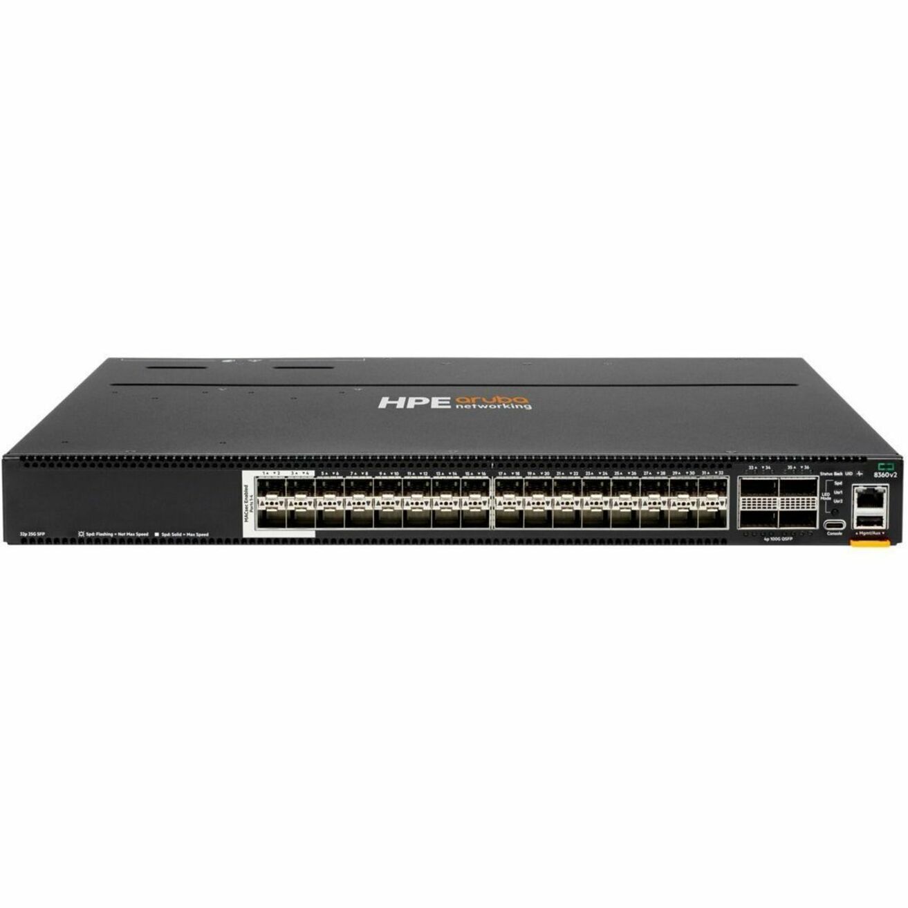 Aruba CX 8360-32Y4C v2 Power-to-Port Airflow 3 Fans 2 PSU Attached Bundle - Manageable - Gigabit Ethernet, 10 Gigabit Ethernet, 25 Gigabit Ethernet, 40 Gigabit Ethernet, 100 Gigabit Ethernet - 3 Layer Supported - 425 W Power Consumption - Optical Fiber - Black - Rack-mountable - Lifetime Limited Warranty
