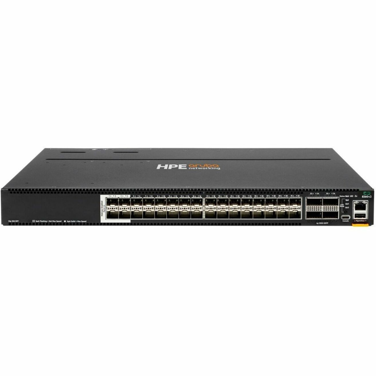 Aruba CX 8360-32Y4C v2 Power-to-Port Airflow 3 Fans 2 PSU Attached Bundle - Manageable - Gigabit Ethernet, 10 Gigabit Ethernet, 25 Gigabit Ethernet, 40 Gigabit Ethernet, 100 Gigabit Ethernet - 1000Base-X, 10GBase-X, 25GBase-X, 40GBase-X, 100GBase-X - 2 Layer Supported - 425 W Power Consumption - Optical Fiber - Rack-mountable - Lifetime Limited Warranty